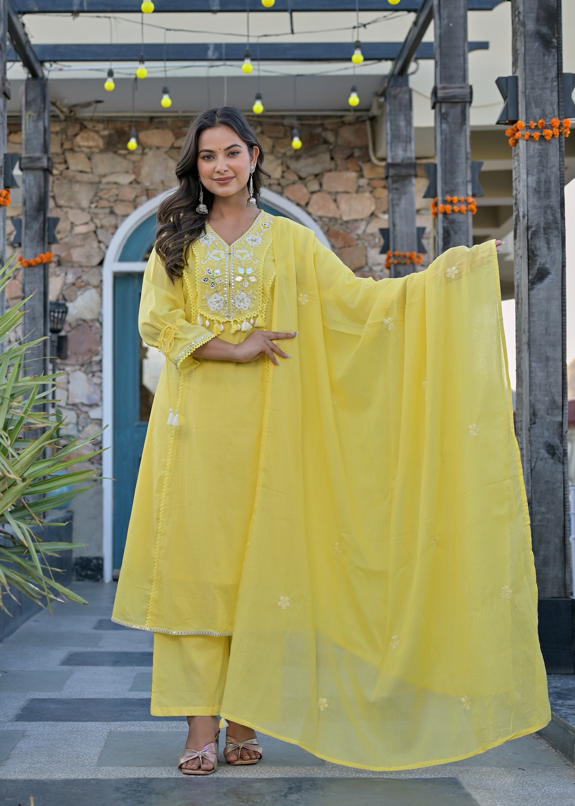 Mint Green Pure Cotton Embroidered Kurti Set with Mirror Work & Tassel Details