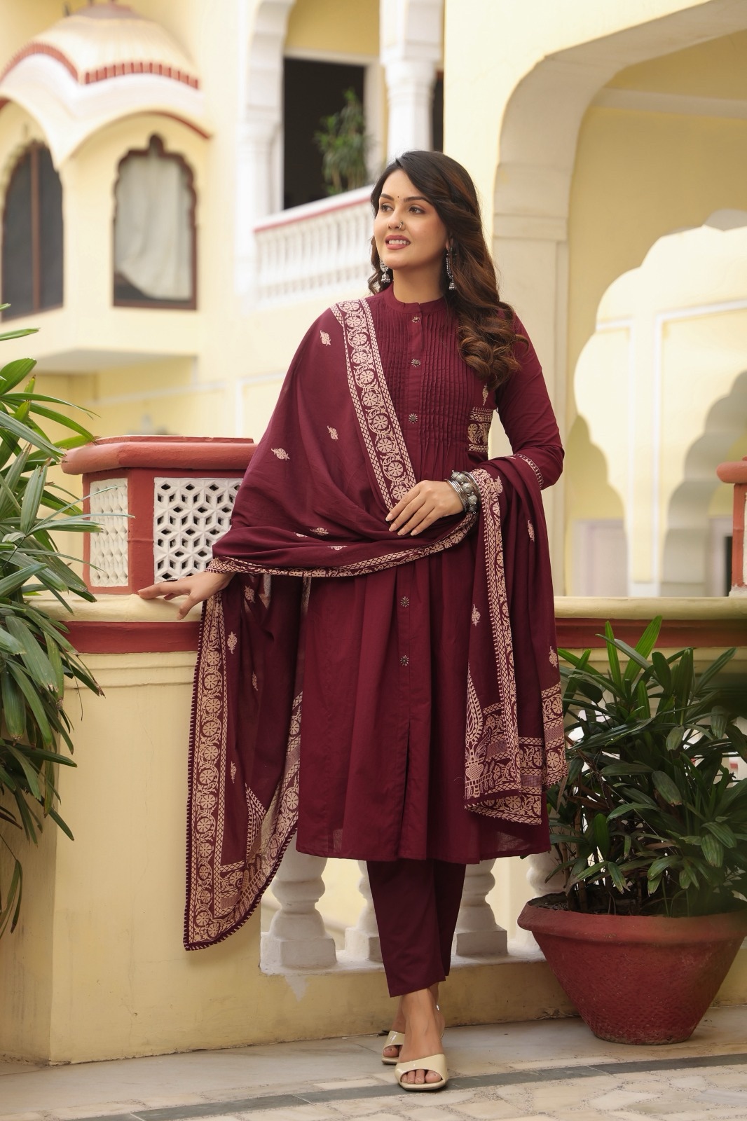 Elegant Maroon Ethnic Ensemble in Heritage Courtyard 3 pcs kurti set - Image 4