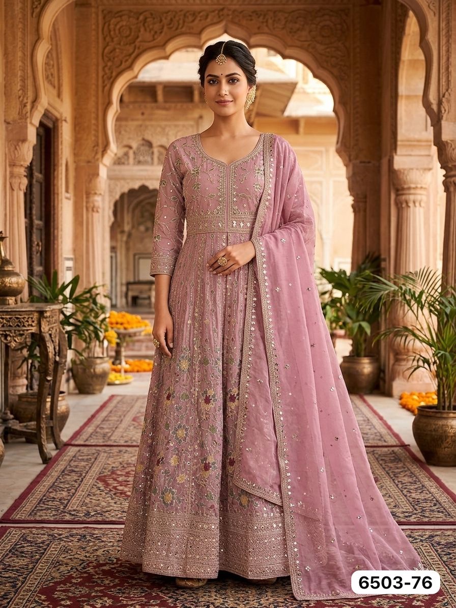 Exquisite Dusty Rose Embroidered Long-Length Kurti Gown with Scalloped Dupatta