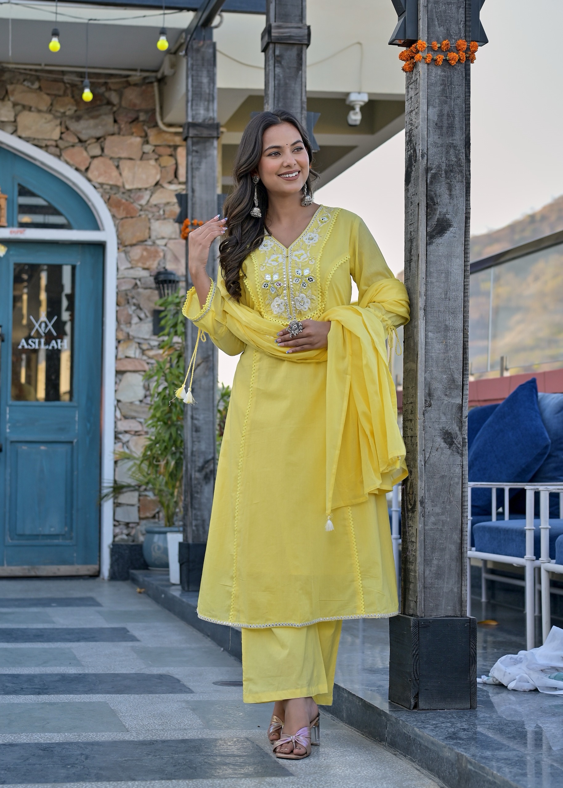 Mint Green Pure Cotton Embroidered Kurti Set with Mirror Work & Tassel Details - Image 2