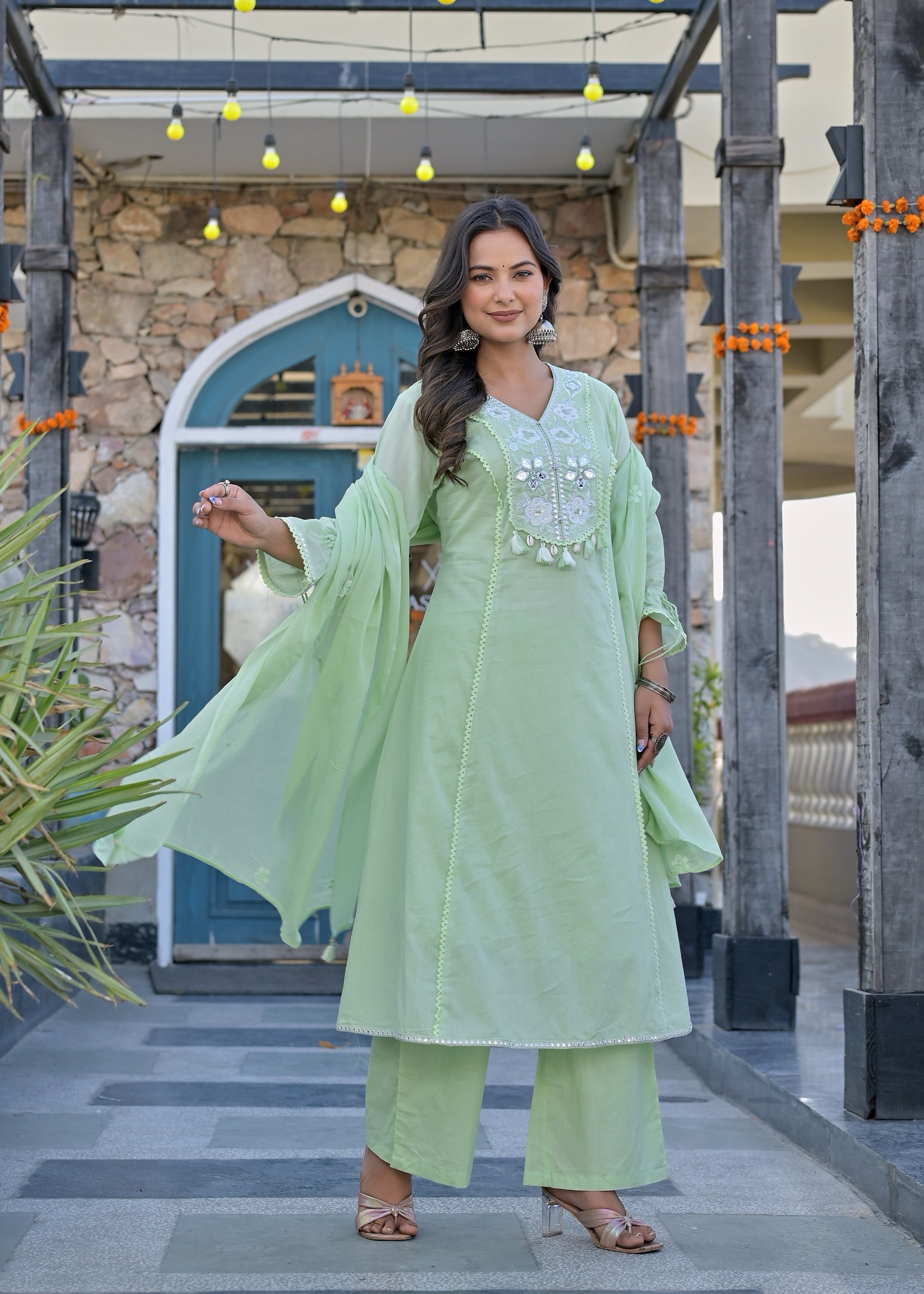 Mint Green Pure Cotton Embroidered Kurti Set with Mirror Work & Tassel Details - Image 3