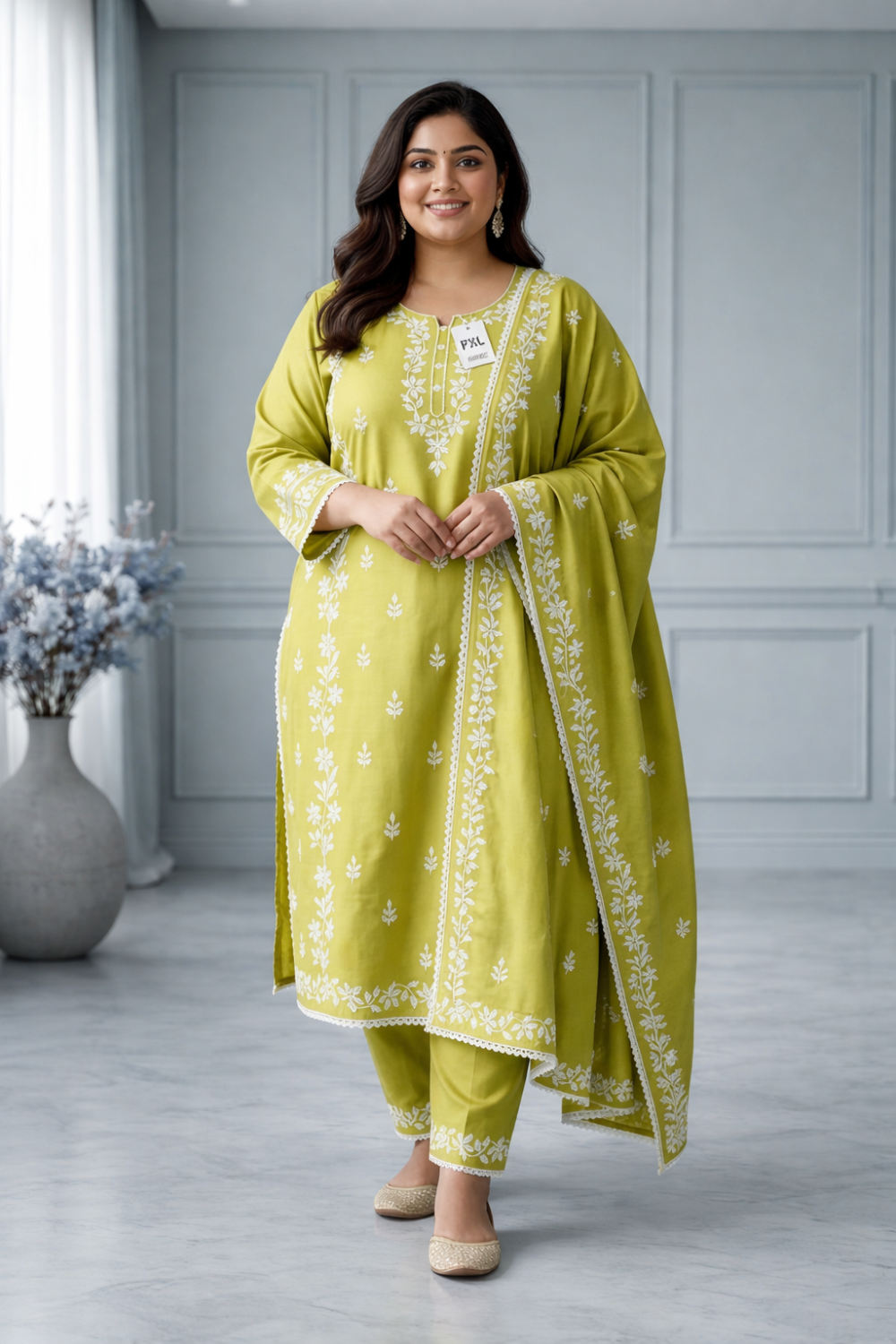 Elegant Lime Green Embroidered Kurti Set with Dupatta