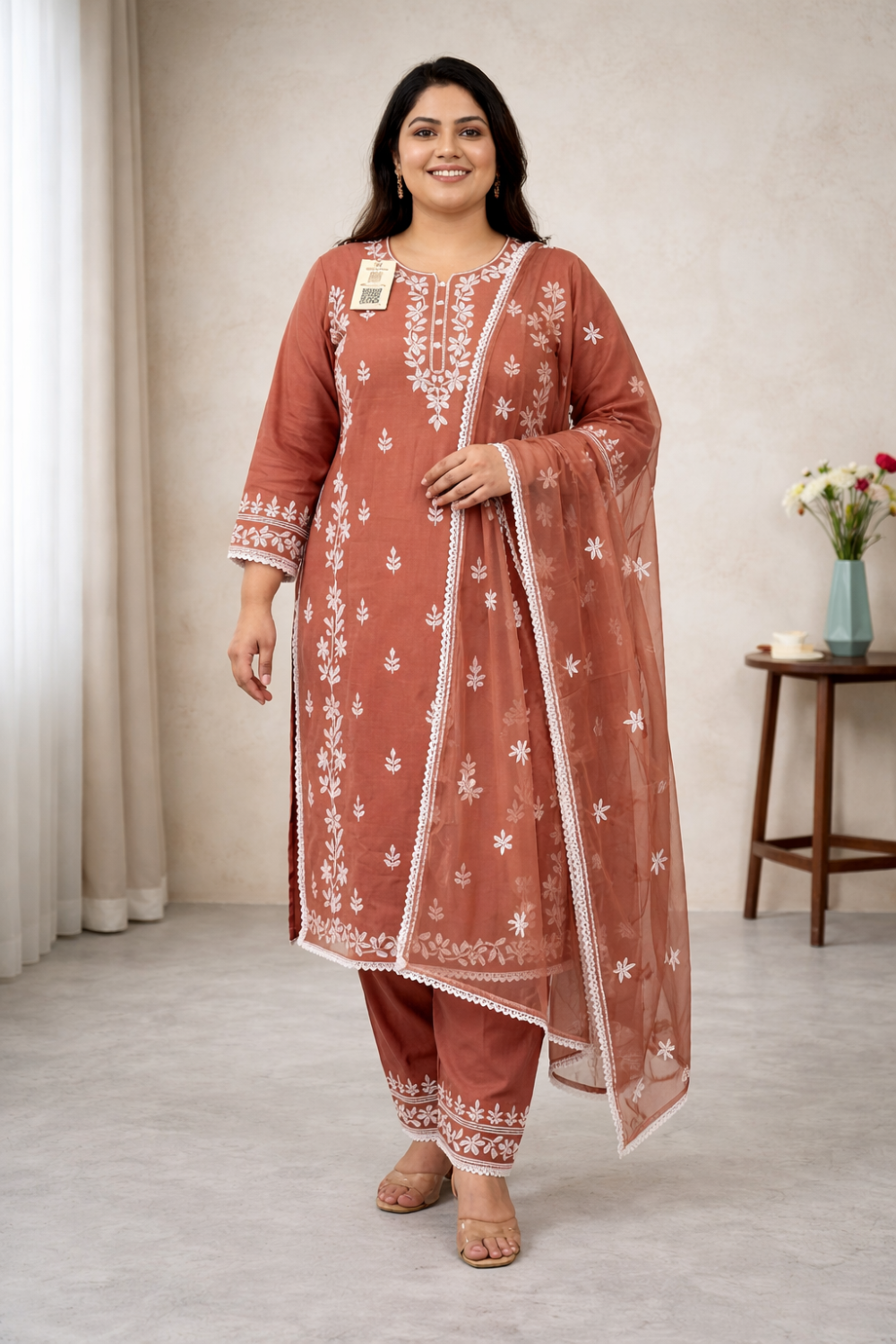 Elegant Rust Brown Embroidered Kurti Set with Dupatta