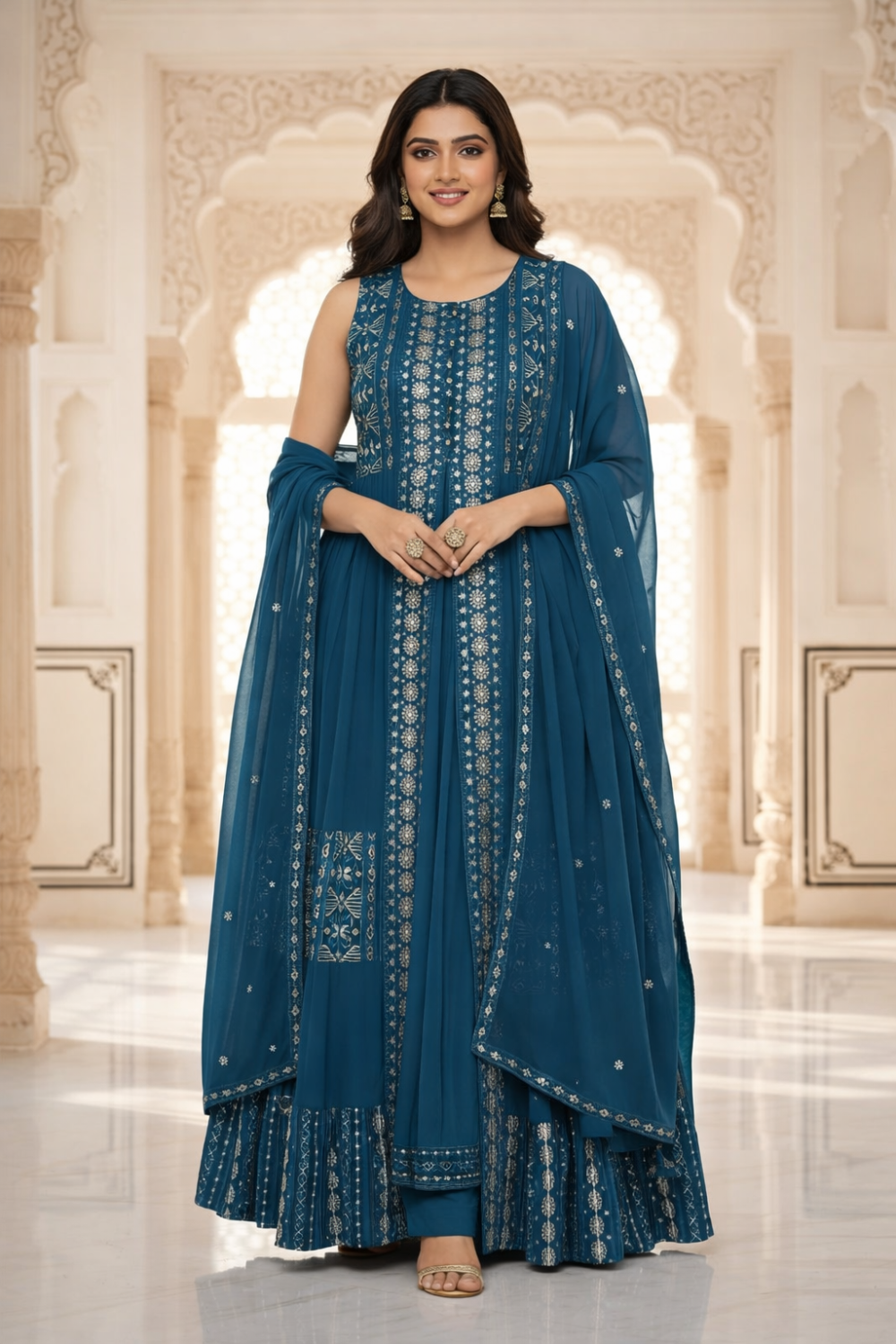 Elegant Teal Blue Embroidered Anarkali Suit Set with Dupatta