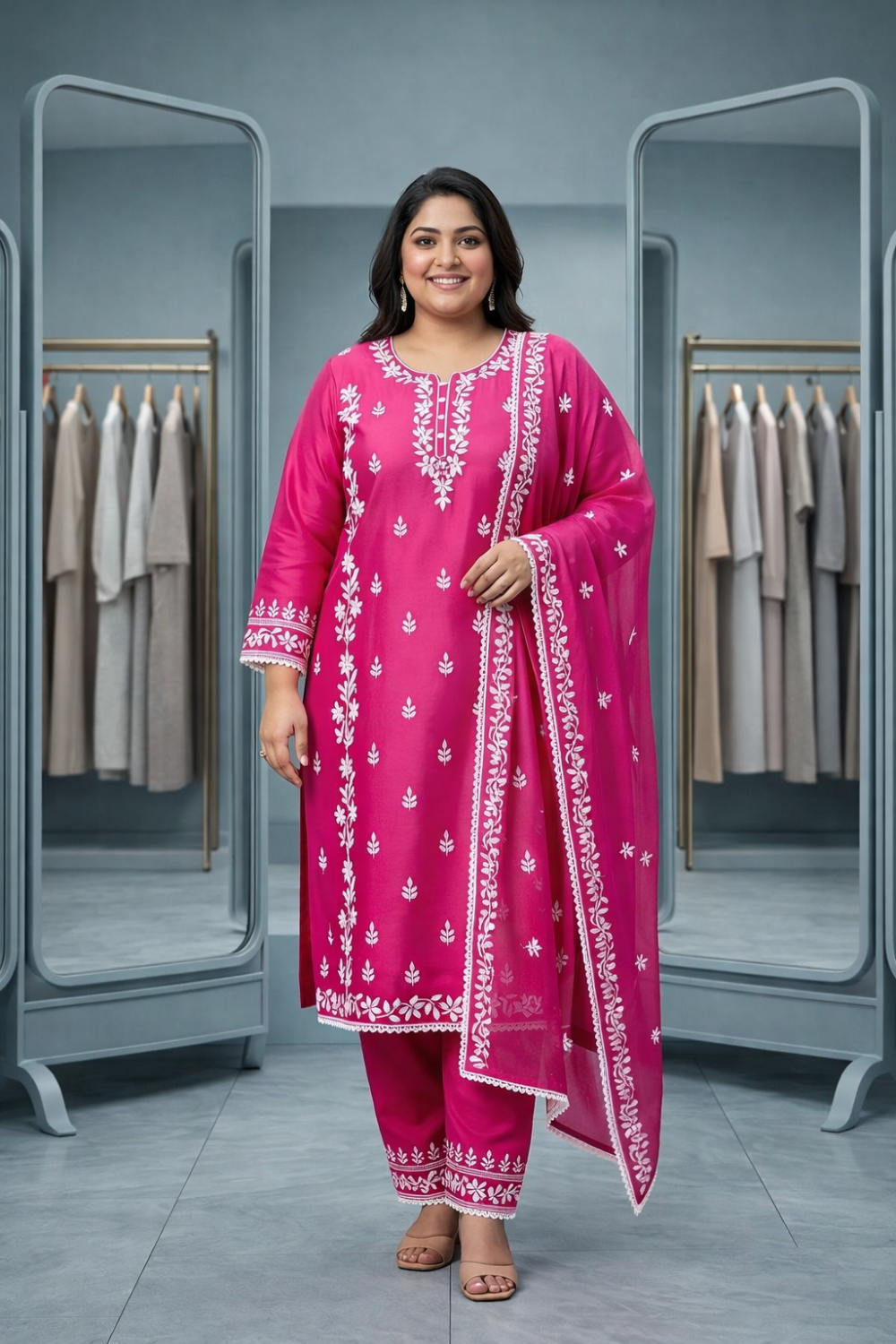 Stylish Pink Embroidered Kurti Set with Dupatta