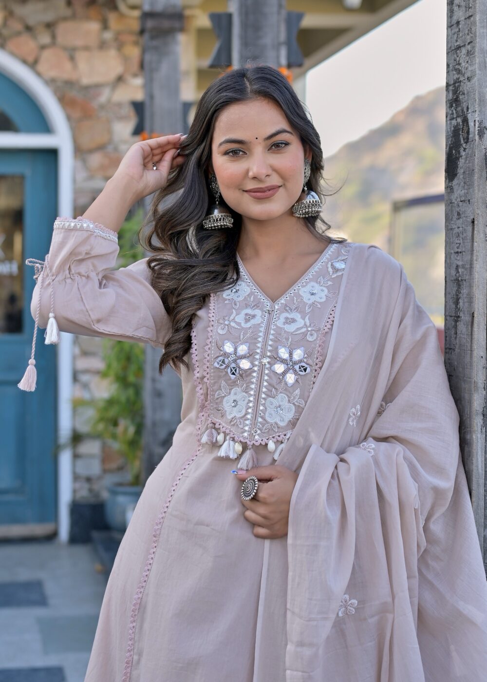 Elegant Pure Cotton Mirror-Work Kurta Set with Embroidered Dupatta