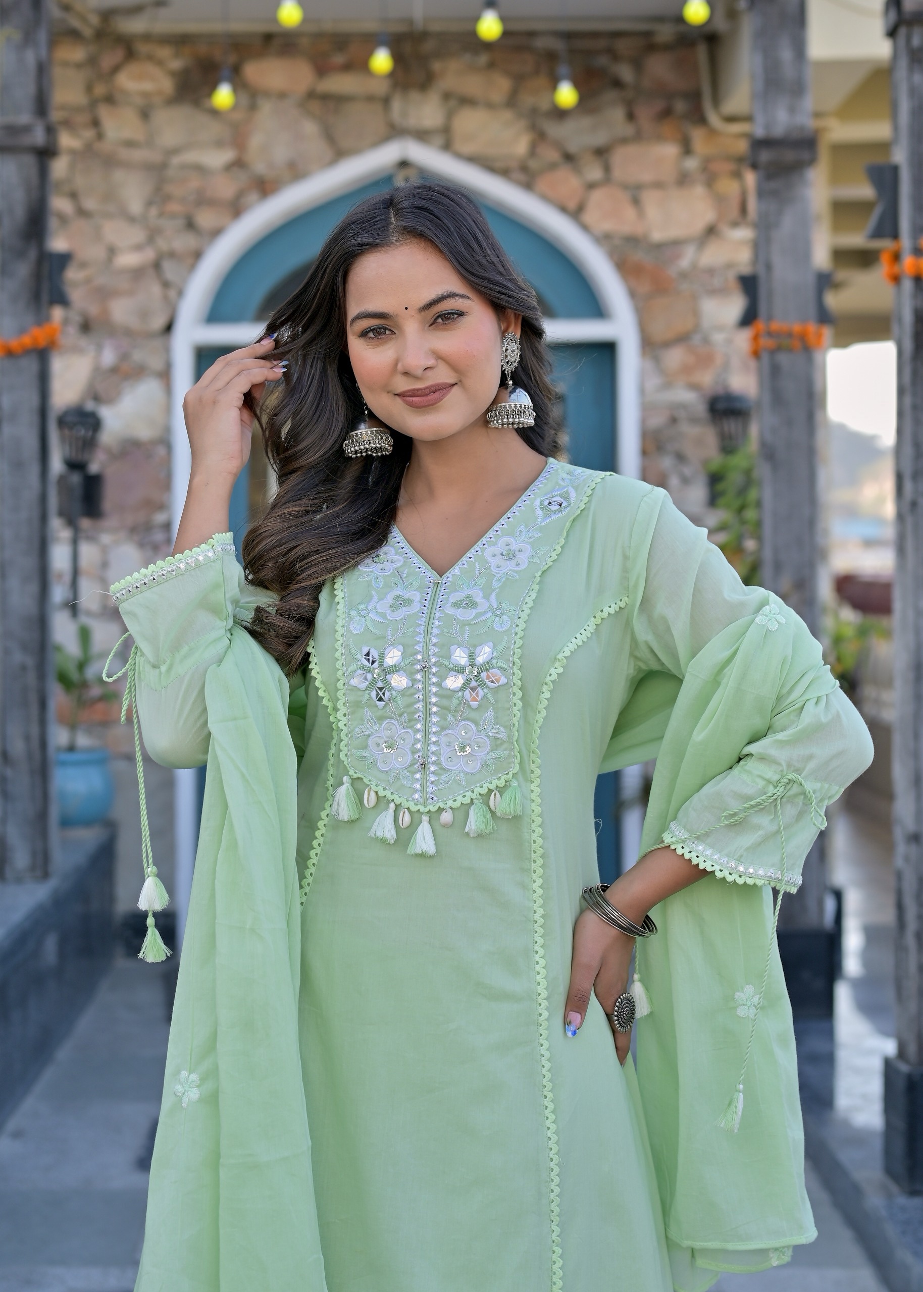 Mint Green Pure Cotton Embroidered Kurti Set with Mirror Work & Tassel Details - Image 4