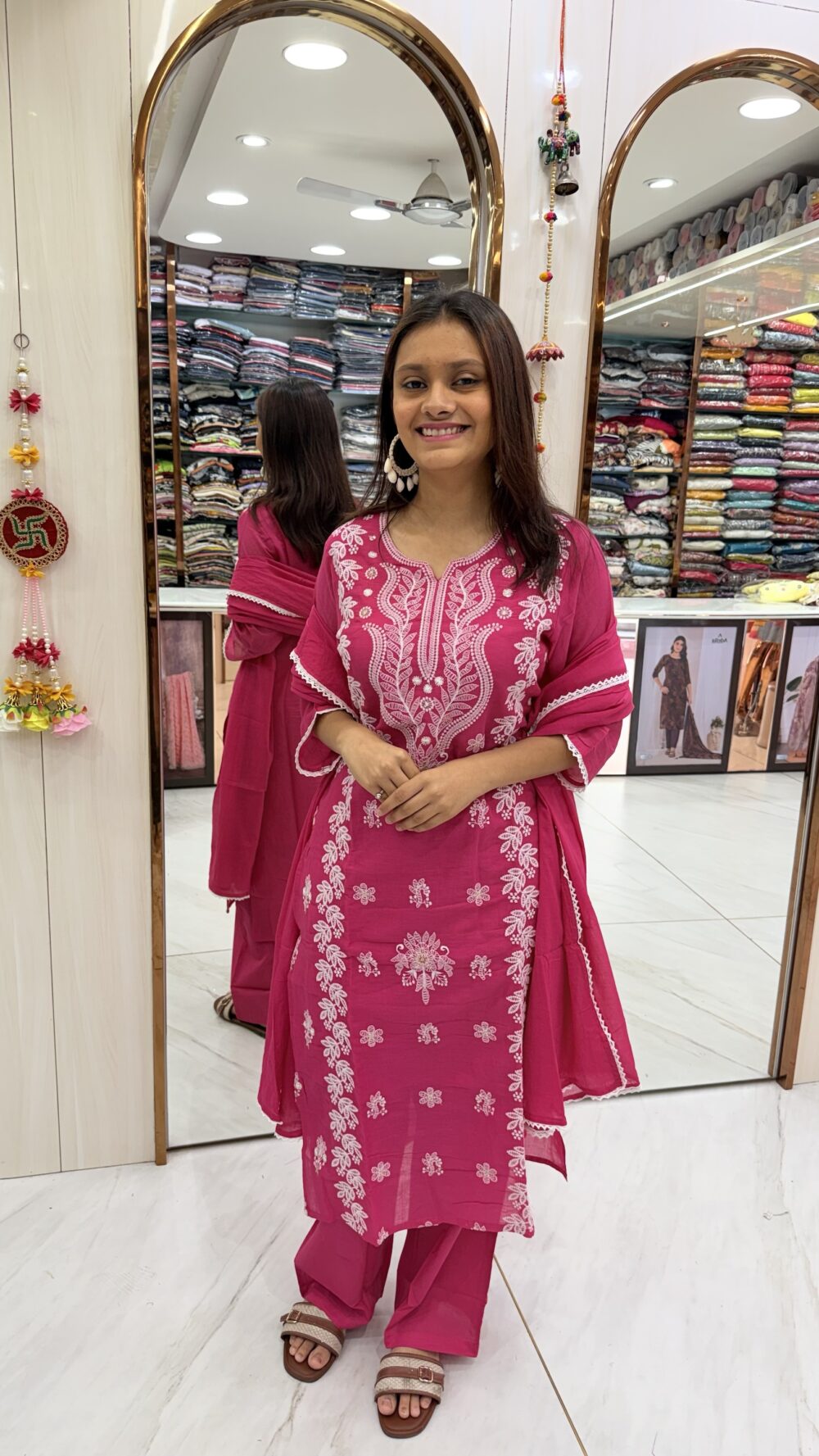 Rani Pink Cotton Chikankari Kurta Set with Scalloped Dupatta