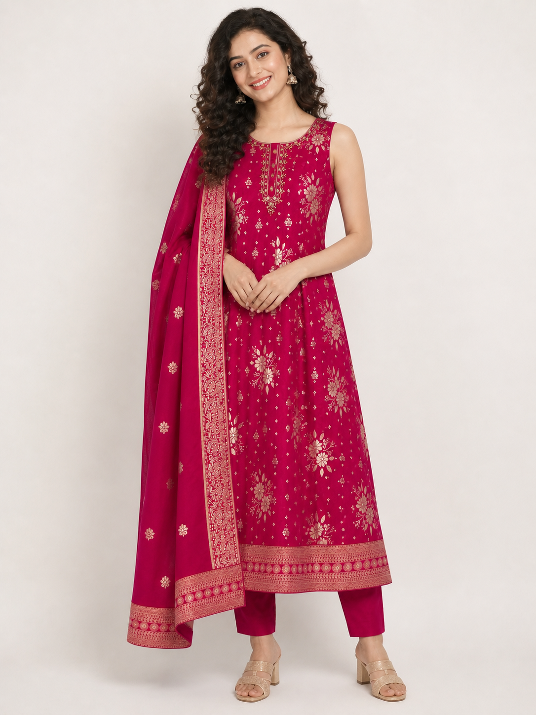 Siddhivinaayak Magenta Floral Gold Print Anarkali Kurti Set with Dupatta