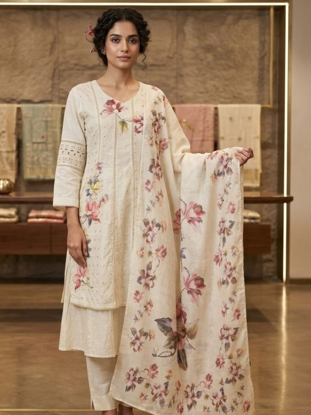 Summer Blossom Cotton Kurta with Hand-Painted Dupatta