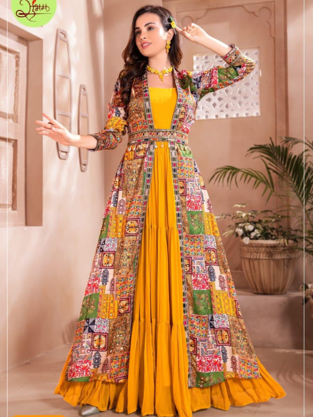 Siddhivinaayak Mustard Yellow Tiered Gown with Multi-Color Patchwork Shrug