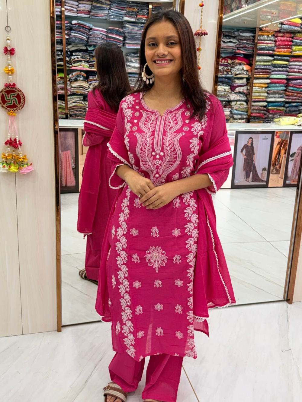 Rani Pink Cotton Chikankari Kurta Set with Scalloped Dupatta