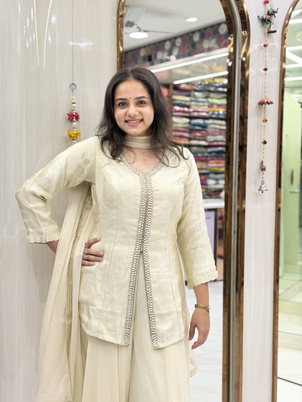 Elegant Cream Indo-Western Peplum Set with Pearl Highlights