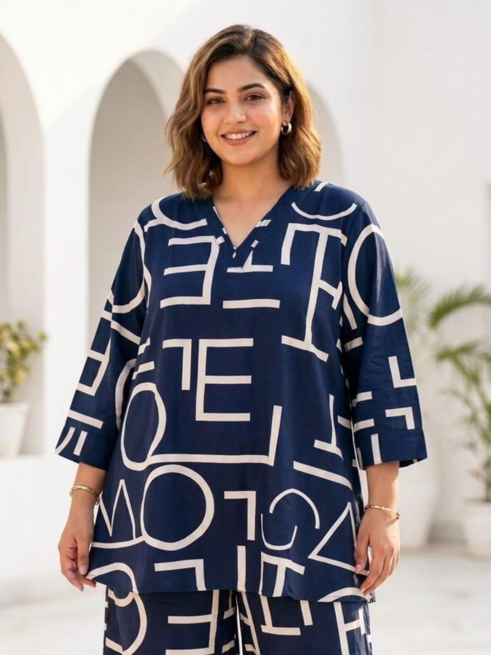 SC W.CORD SET TRADITIONAL – Women's Navy Blue Geometric Print Co-Ord Set
