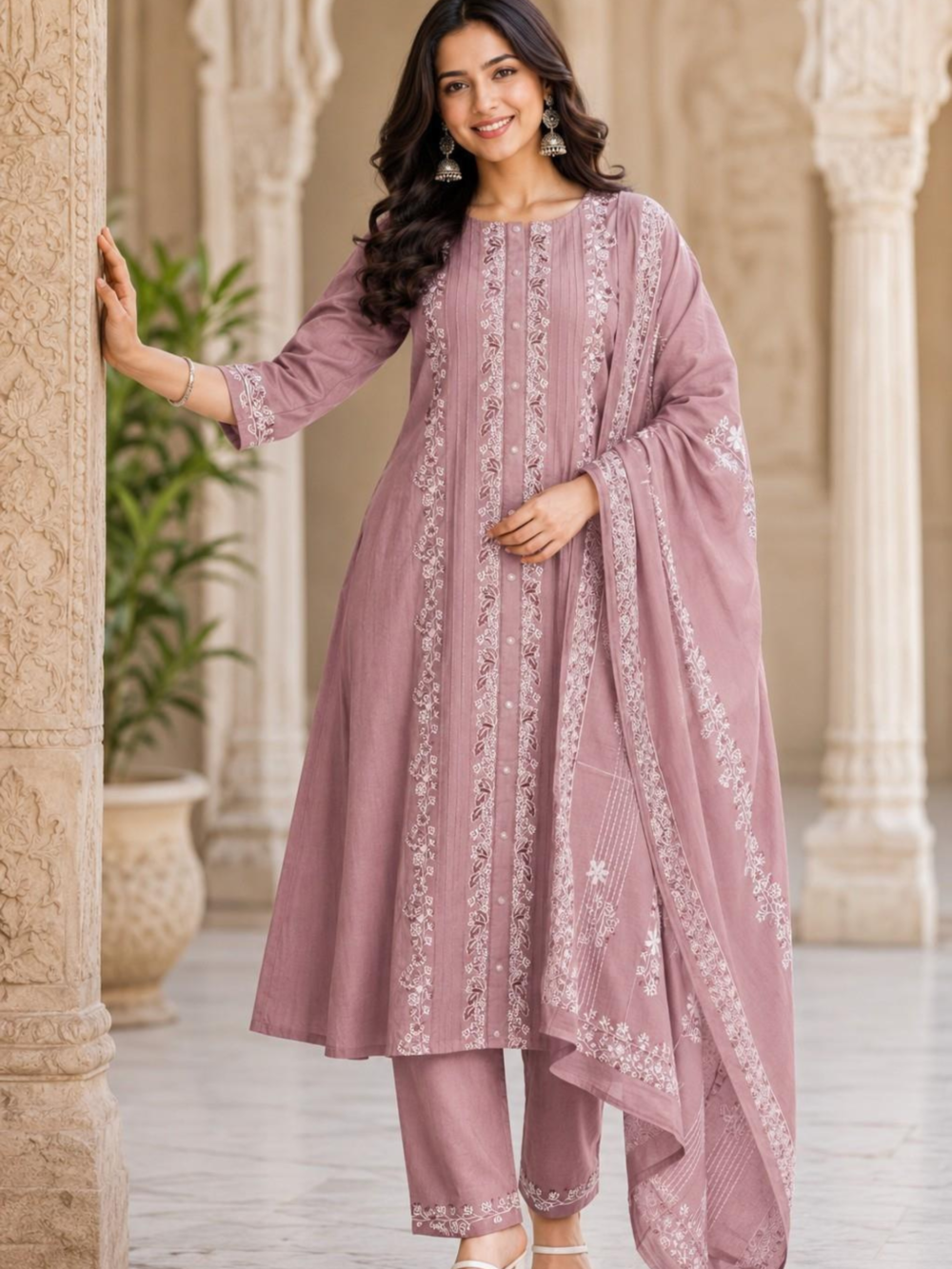 BARBEE W.KURTI SET TRADITIONAL – Women's Mauve Embroidered Kurti Pant & Dupatta Set