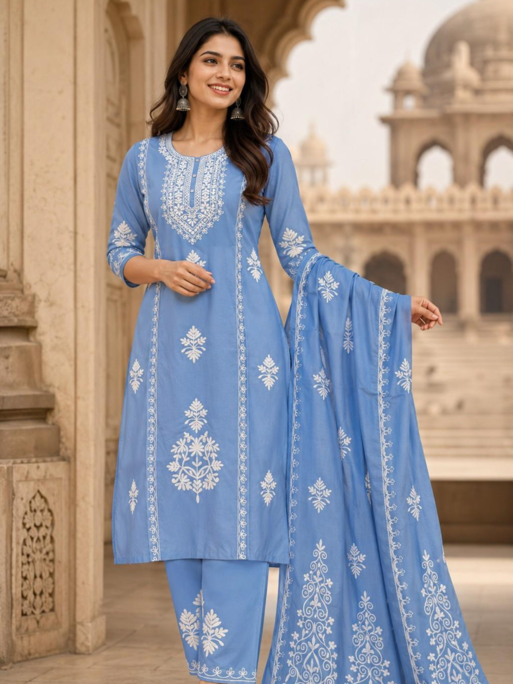 BARBEE W.KURTI SET TRADITIONAL – Women's Sky Blue Embroidered Kurti Pant & Dupatta Set