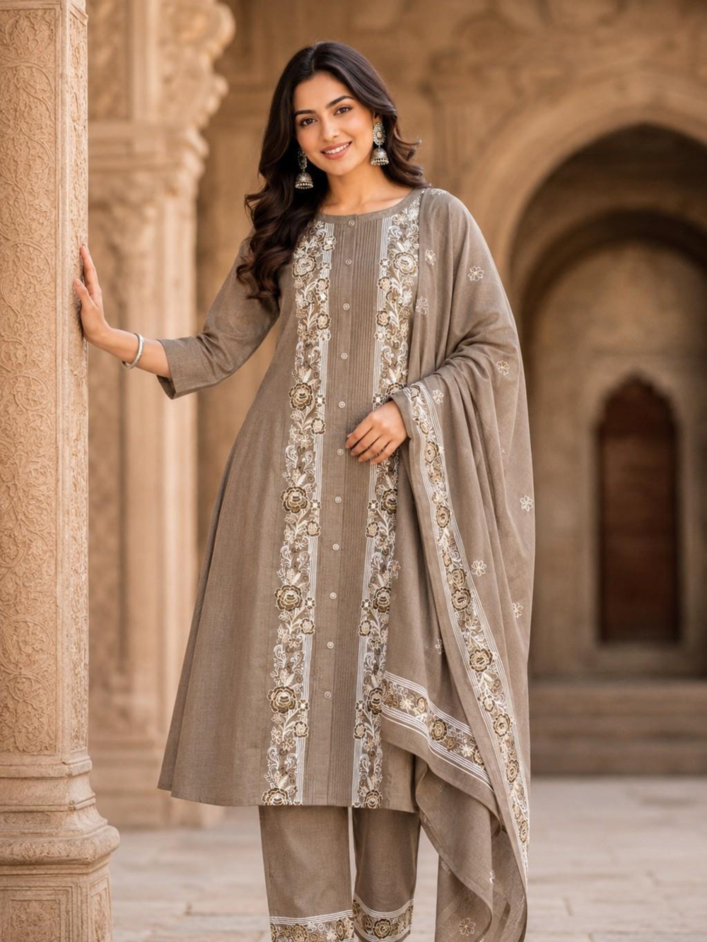 BARBEE W.KURTI SET TRADITIONAL – Women's Taupe Embroidered Kurti Pant & Dupatta Set