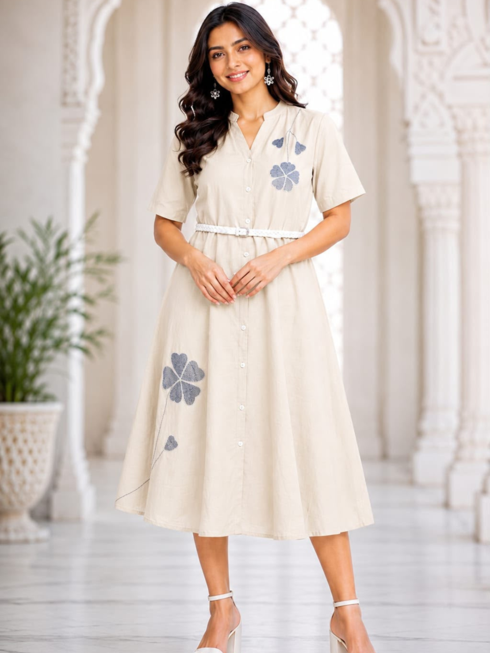 SC W.MIDI WESTERN – Women's Cream Floral Embroidered Cotton Midi Dress