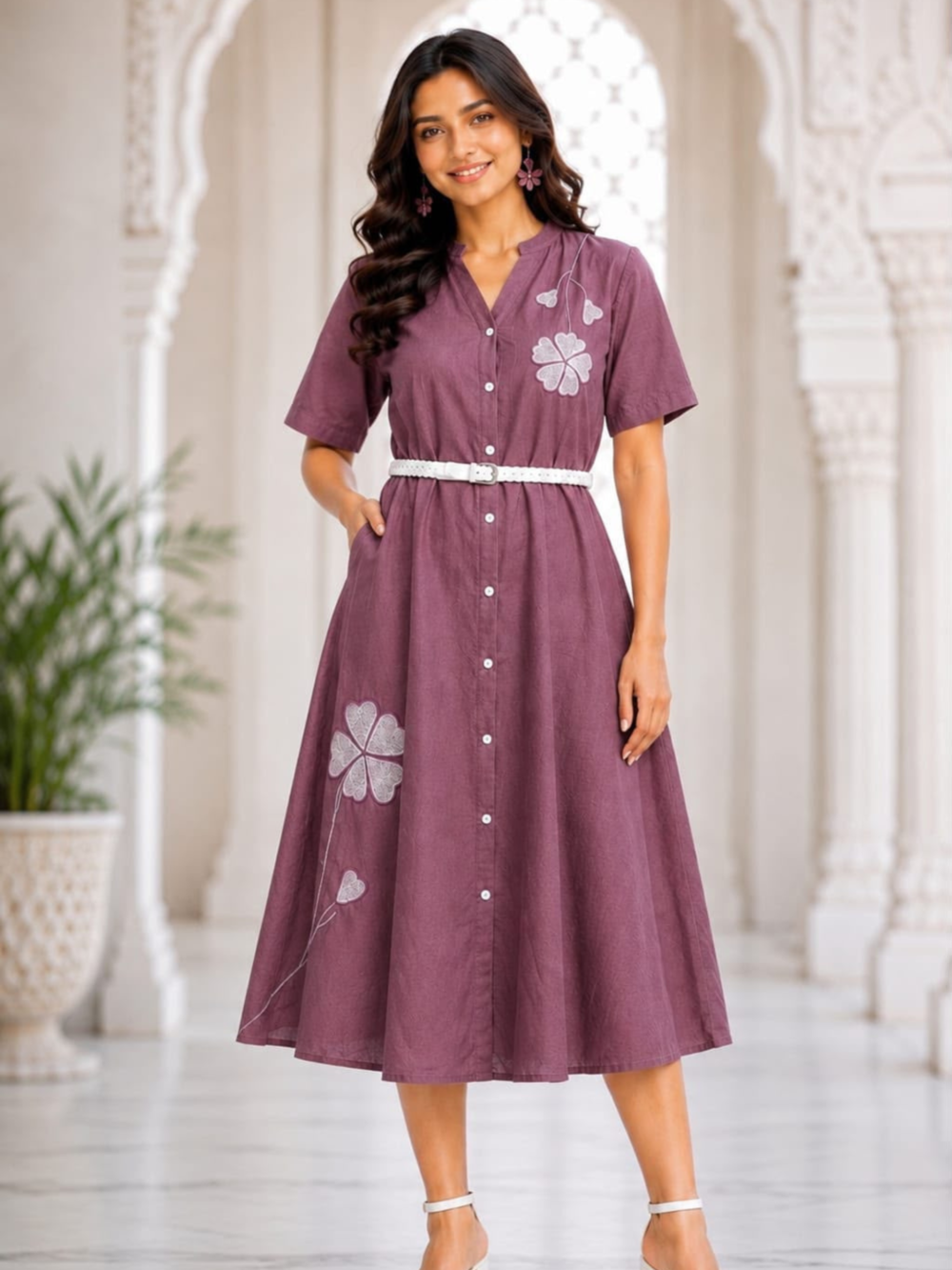 SC W.MIDI WESTERN – Women's Mauve Floral Embroidered Cotton Midi D