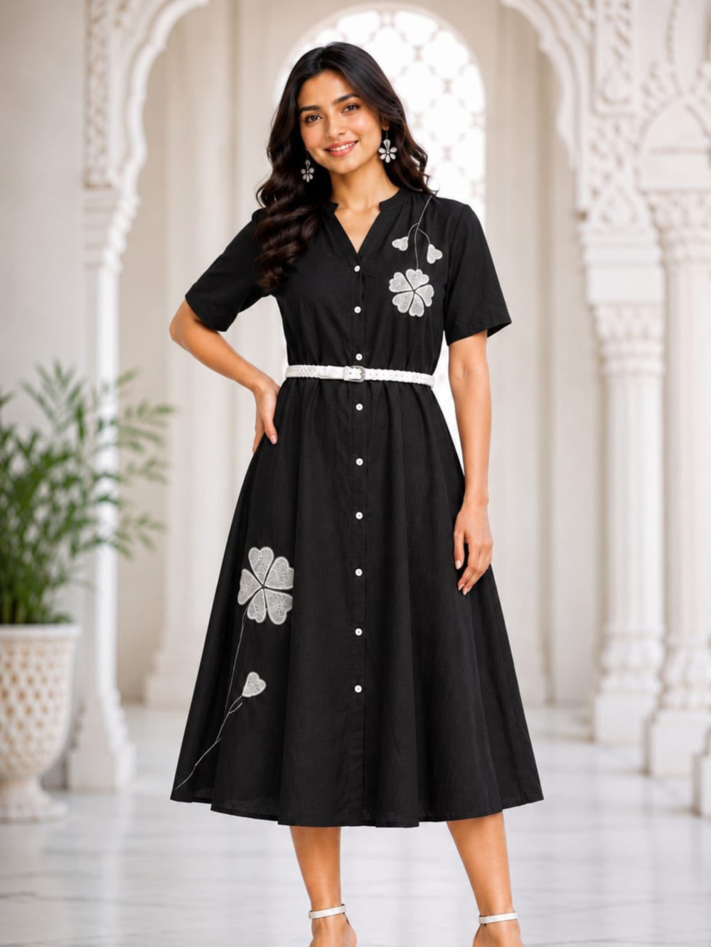 SC W.MIDI WESTERN – Women's Black Floral Embroidered Cotton Midi Dress