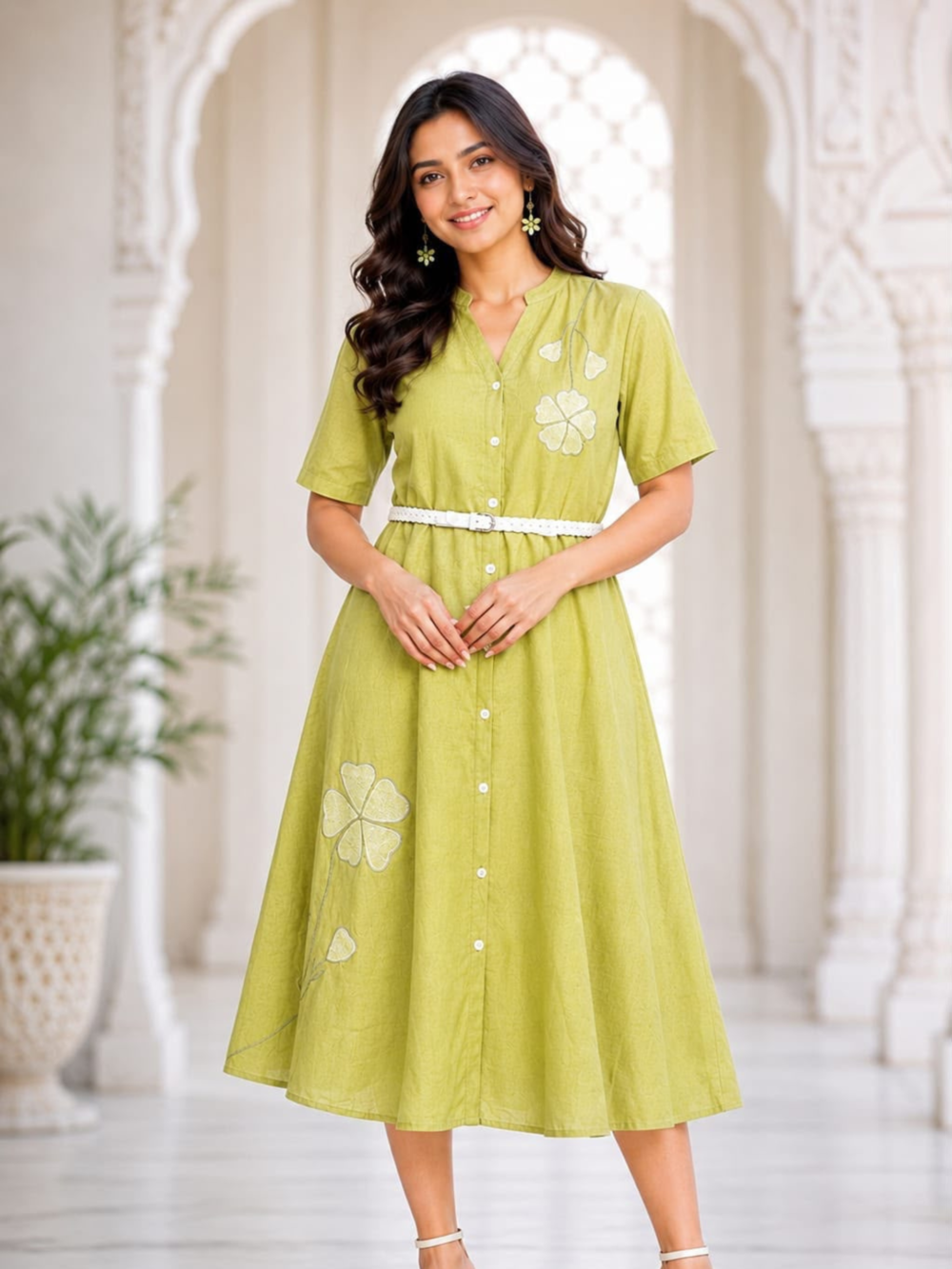 SC W.MIDI WESTERN – Women's Lime Green Floral Embroidered Cotton Midi Dress