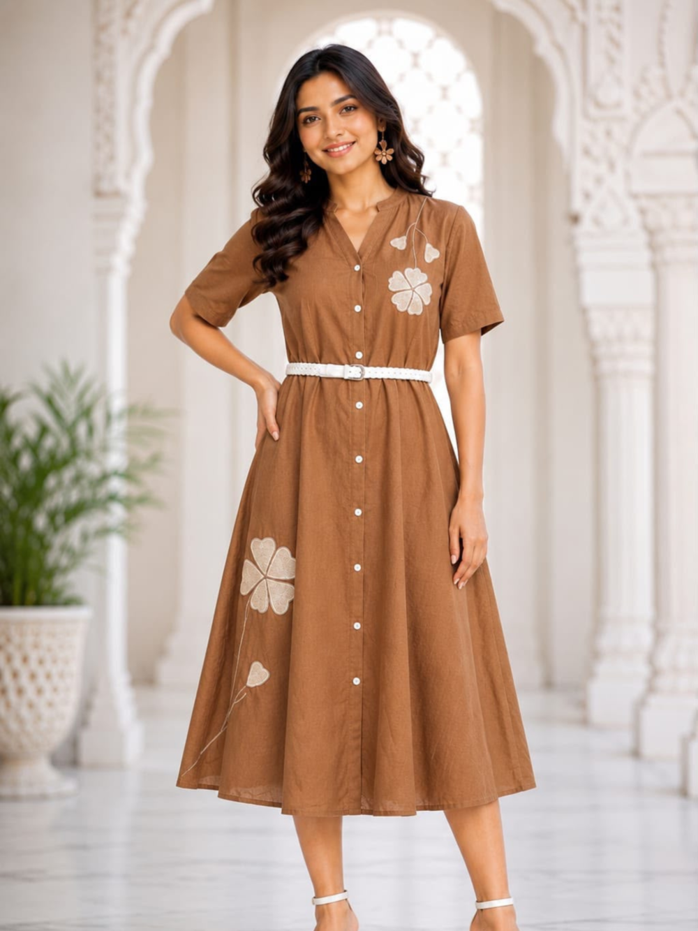 SC W.MIDI WESTERN – Women's Coffee Brown Floral Embroidered Cotton Midi Dress