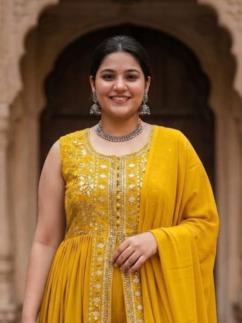 Mustard Yellow Embroidered Center-Cut Kurti Set with Dupatta