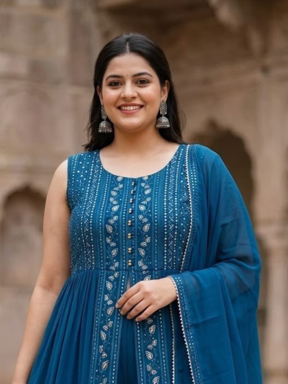 Royal Blue Embroidered Center-Cut Kurti Set with Dupatta