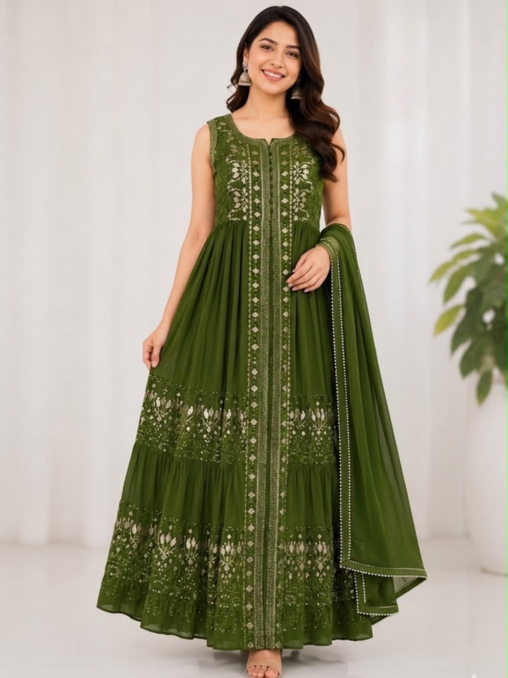 Olive Green Embroidered Center-Cut Anarkali Kurti Set with Dupatta