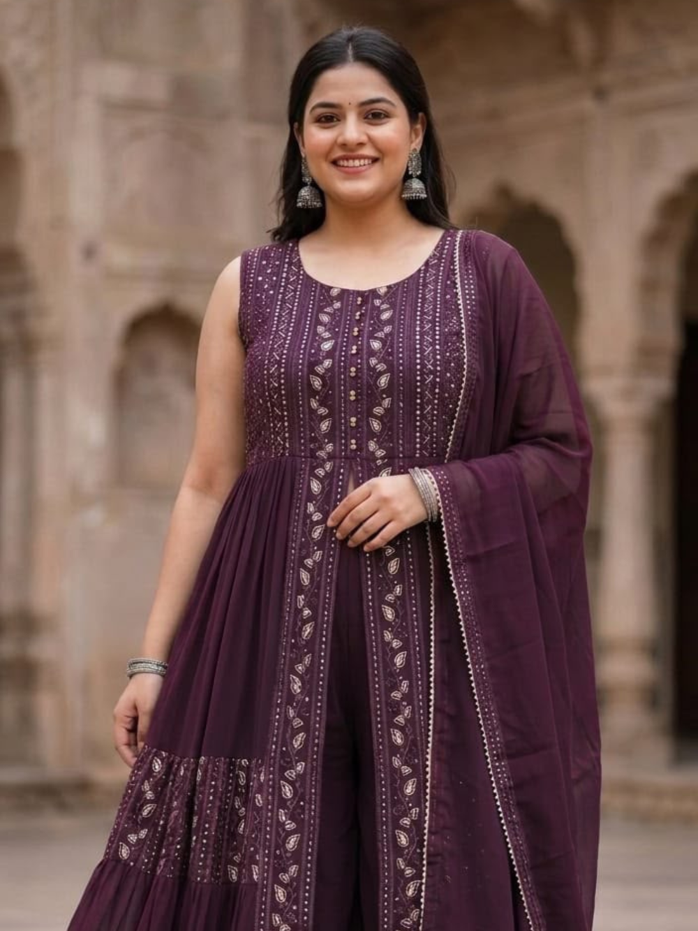 Wine Purple Embroidered Center-Cut Kurti Set with Dupatta