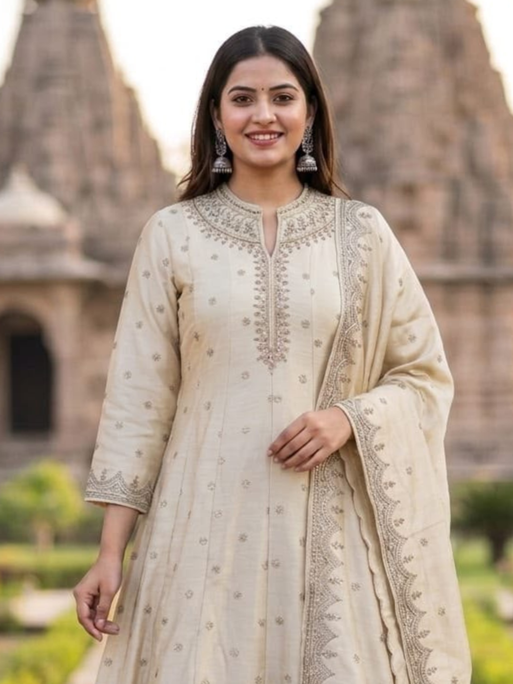 Ivory Beige Embroidered Anarkali Suit Set with Scalloped Dupatta