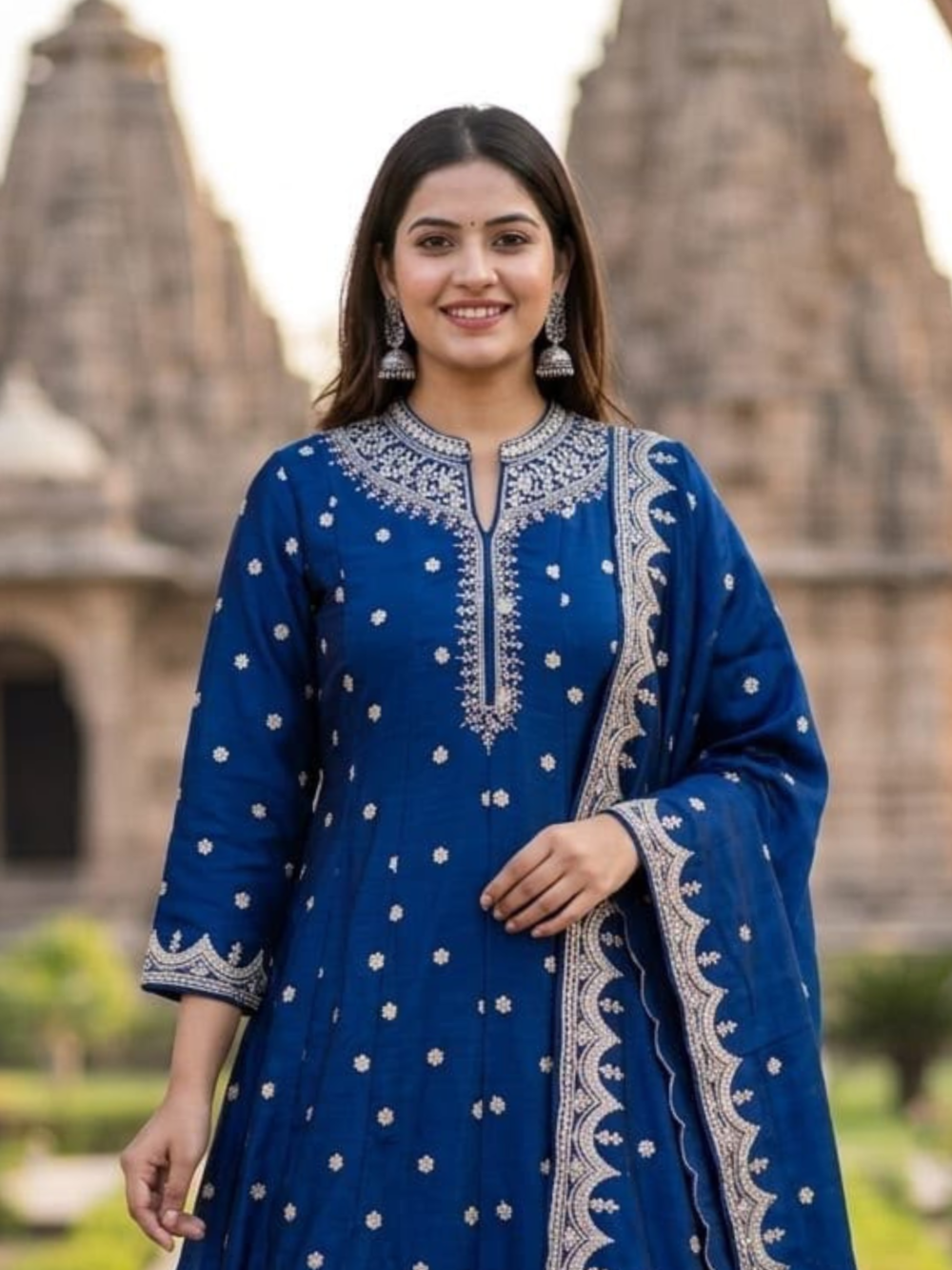Royal Blue Embroidered Anarkali Suit Set with Scalloped Dupatta