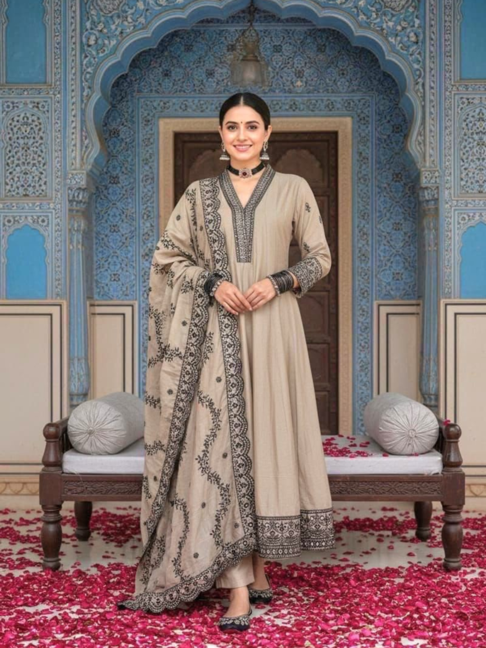Grey Embroidered Anarkali Suit Set with Designer Dupatta