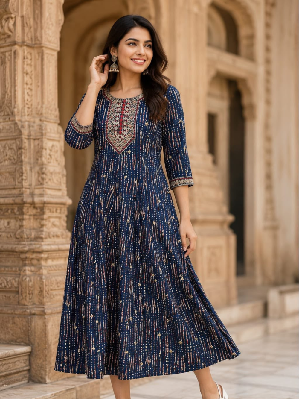 Navy Blue Embroidered A-Line Midi Kurti