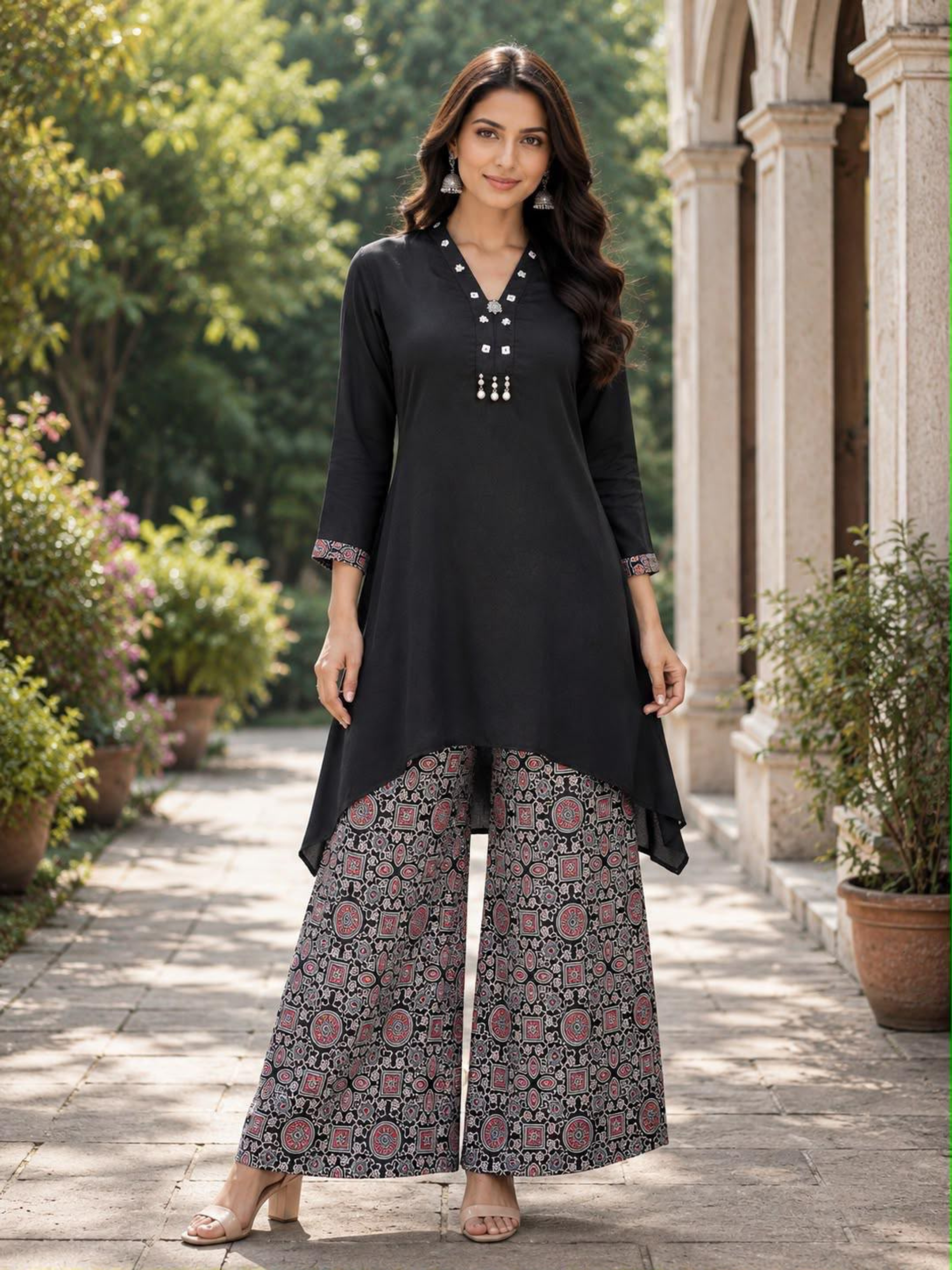 Siddhivinayak Women’s Premium A-Line Kurti with Printed Palazzo Set | 2-Piece Ethnic Wear | 3/4 Sleeves - Image 3