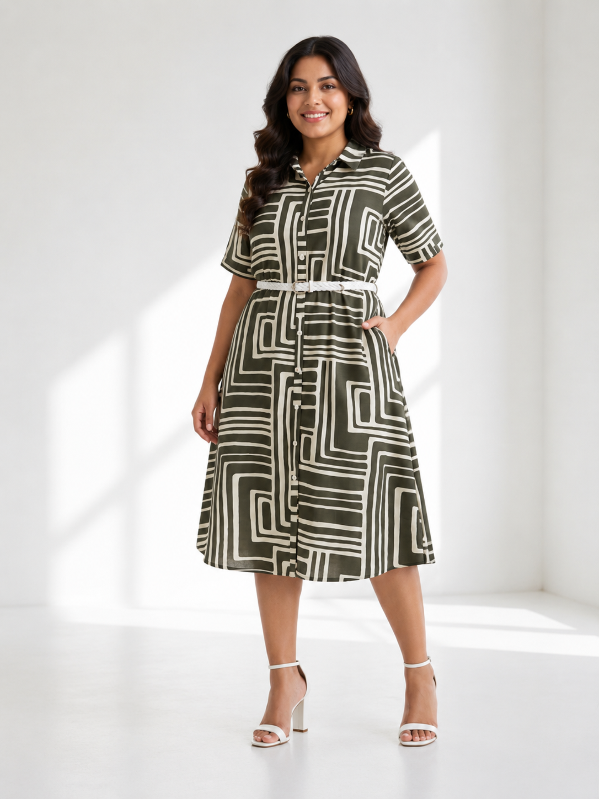 Women's Geometric Printed Shirt Midi Dress with Belt - Image 2