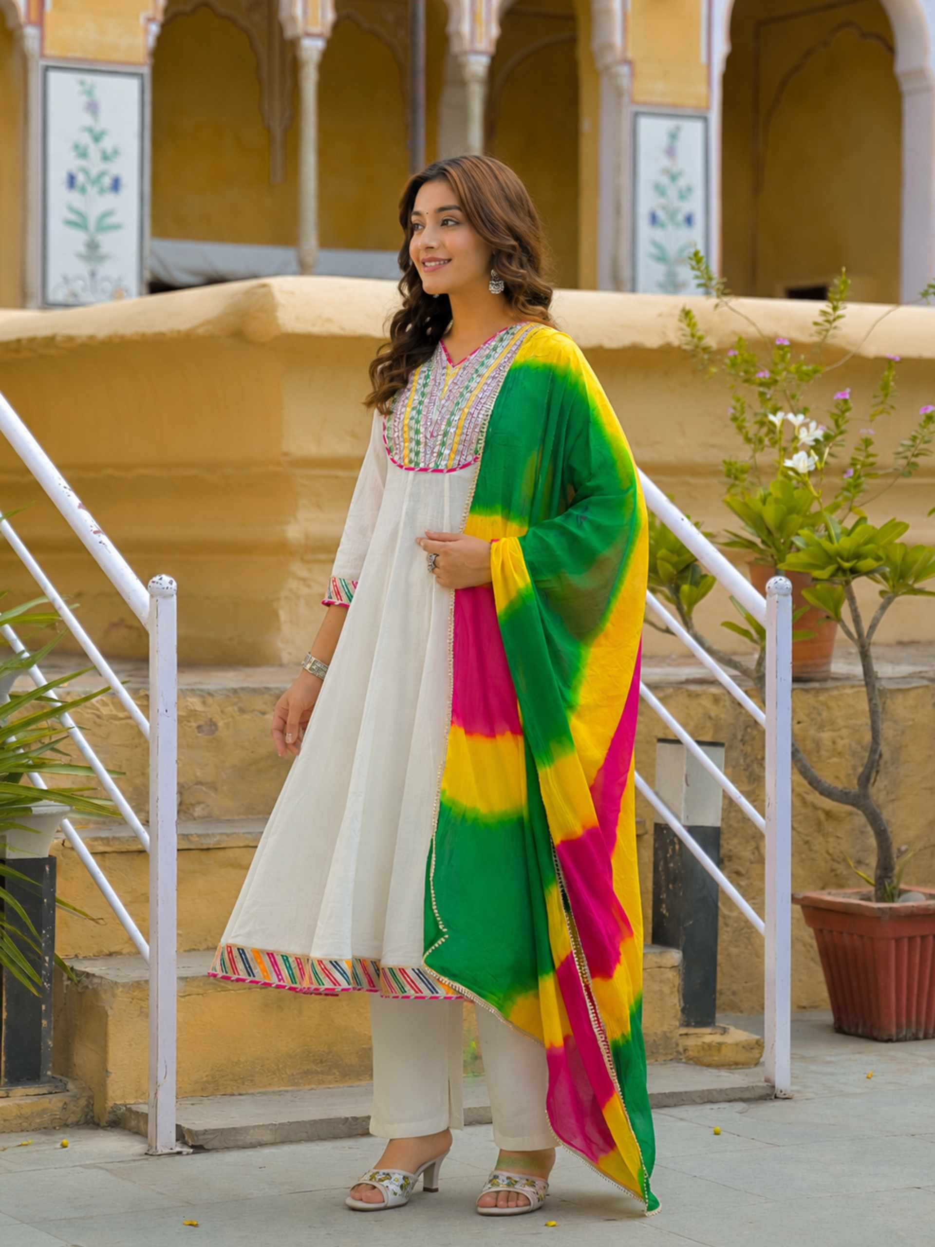 Siddhivinayak Premium White Cotton Anarkali Suit Set with Designer Leheriya Dupatta - Image 3