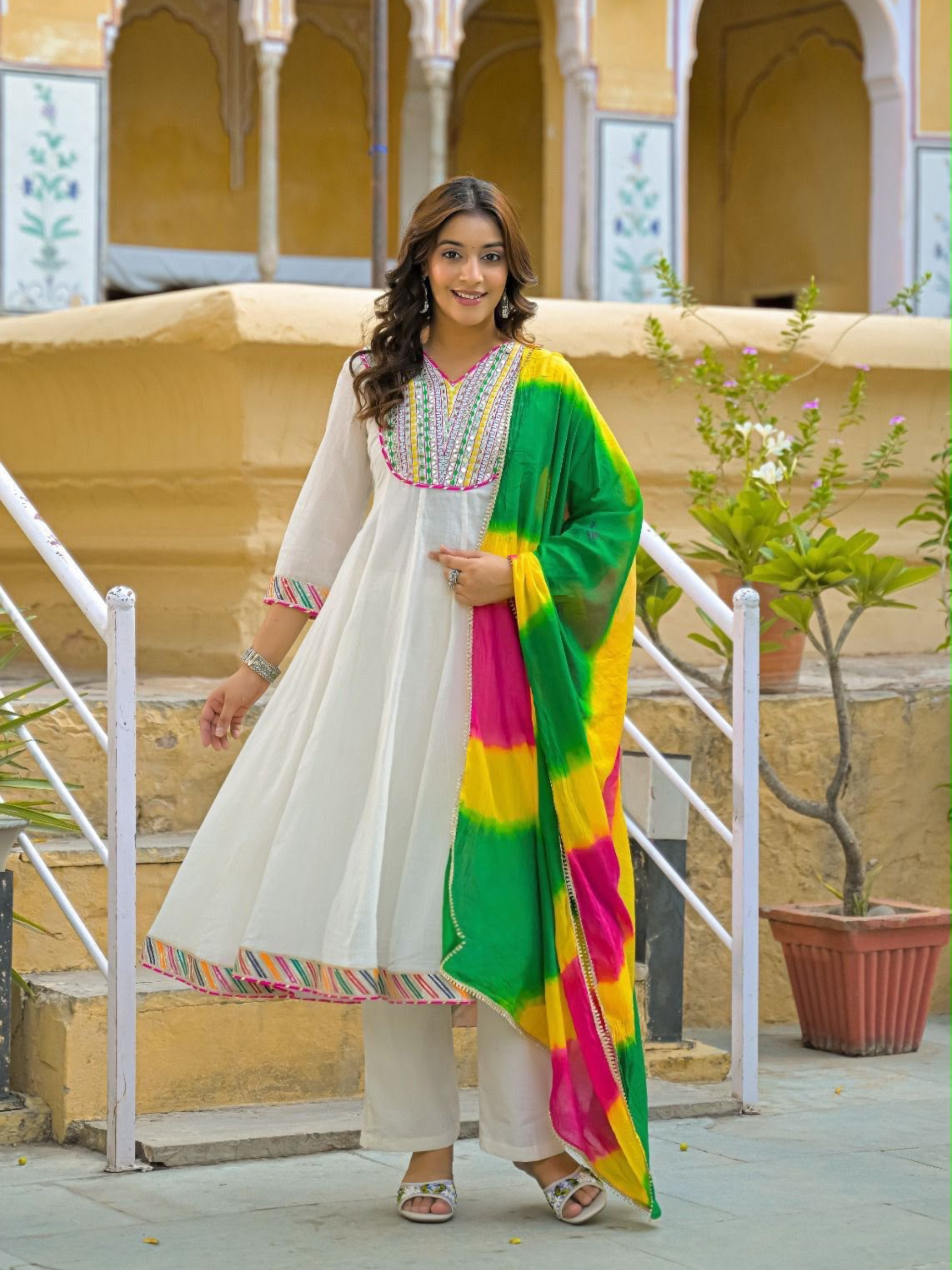 Siddhivinayak Premium White Cotton Anarkali Suit Set with Designer Leheriya Dupatta