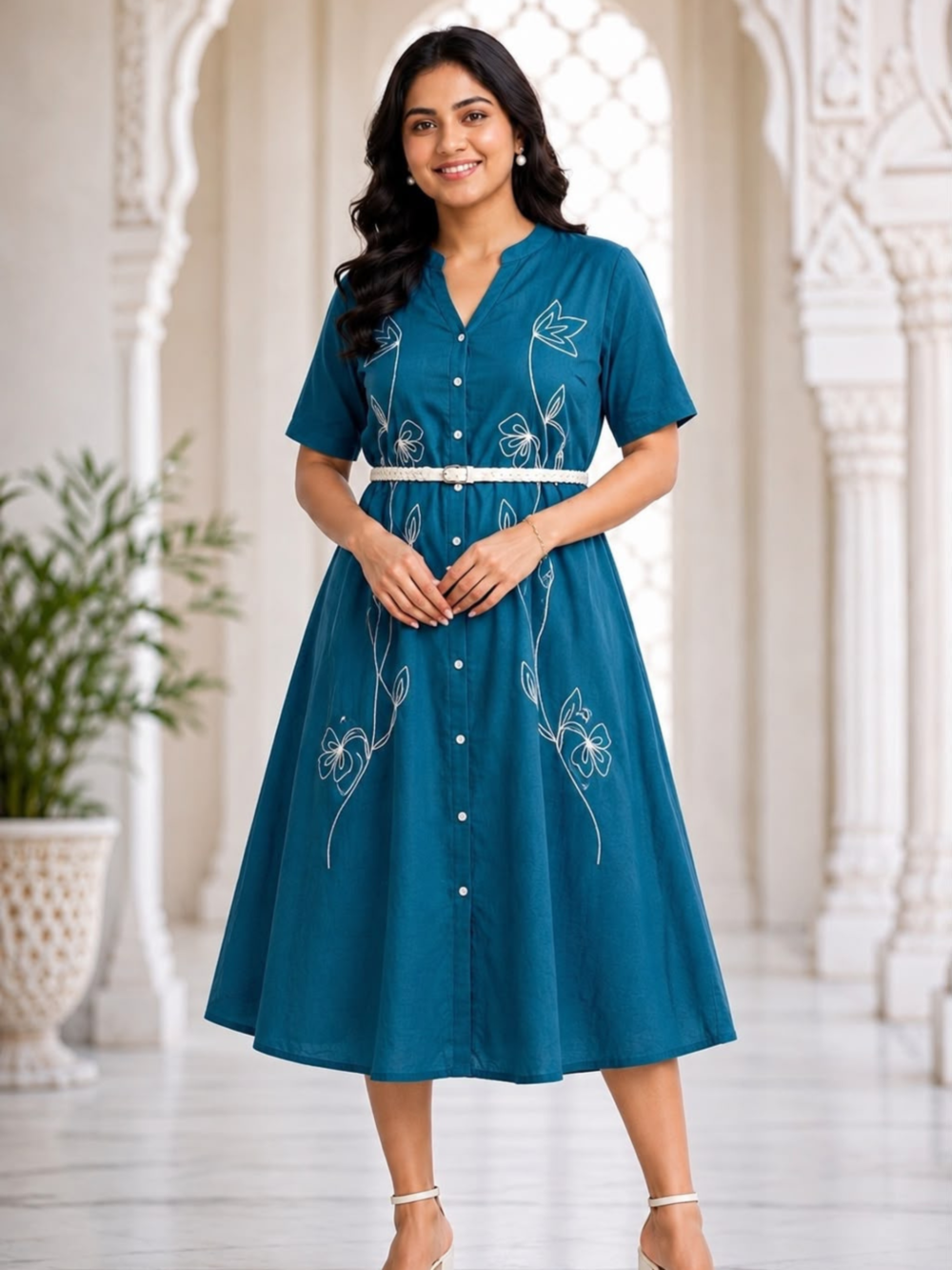 Women's Embroidered Shirt Midi Dress with Belt