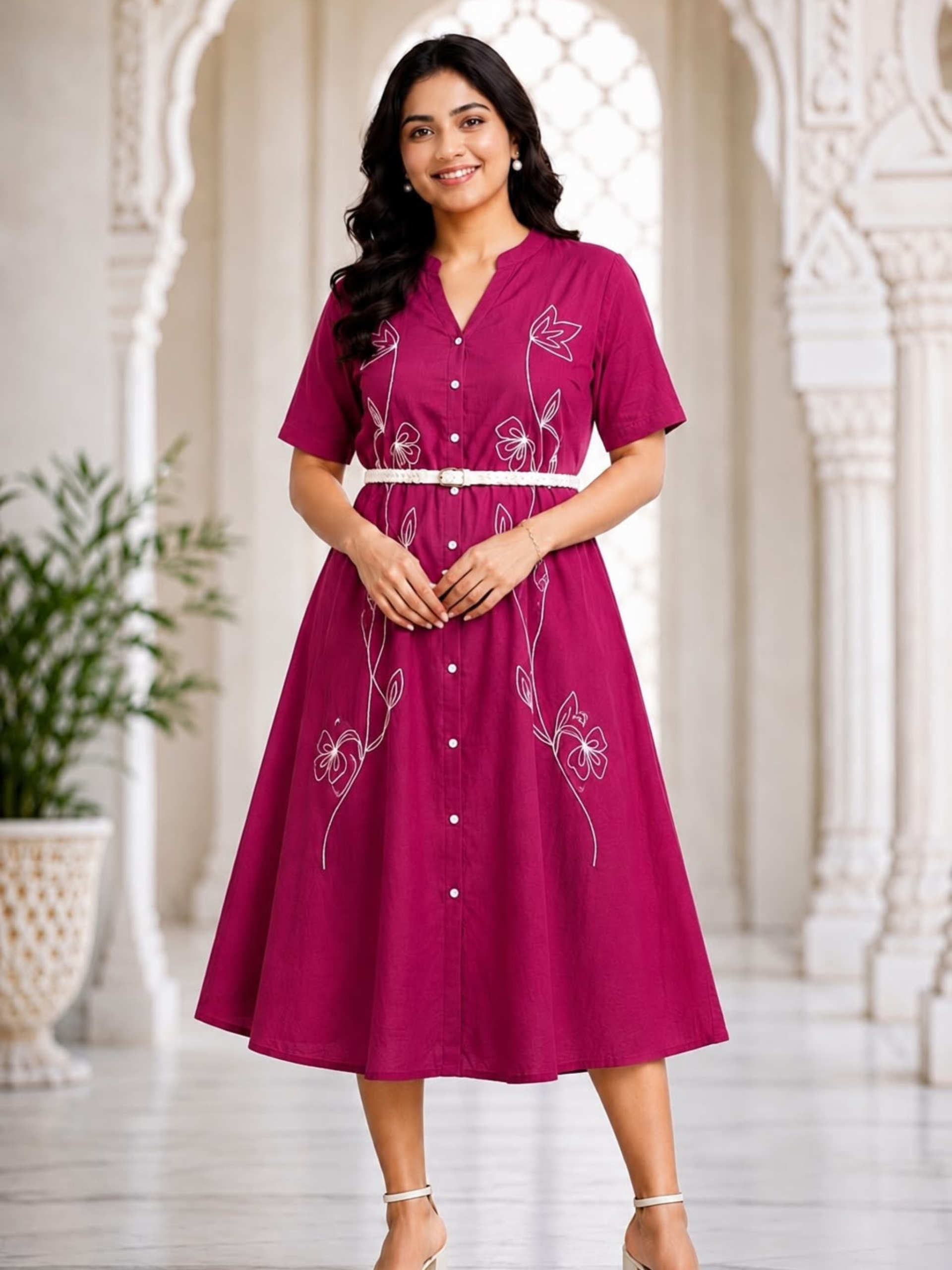 Women's Embroidered Shirt Midi Dress with Belt - Image 2