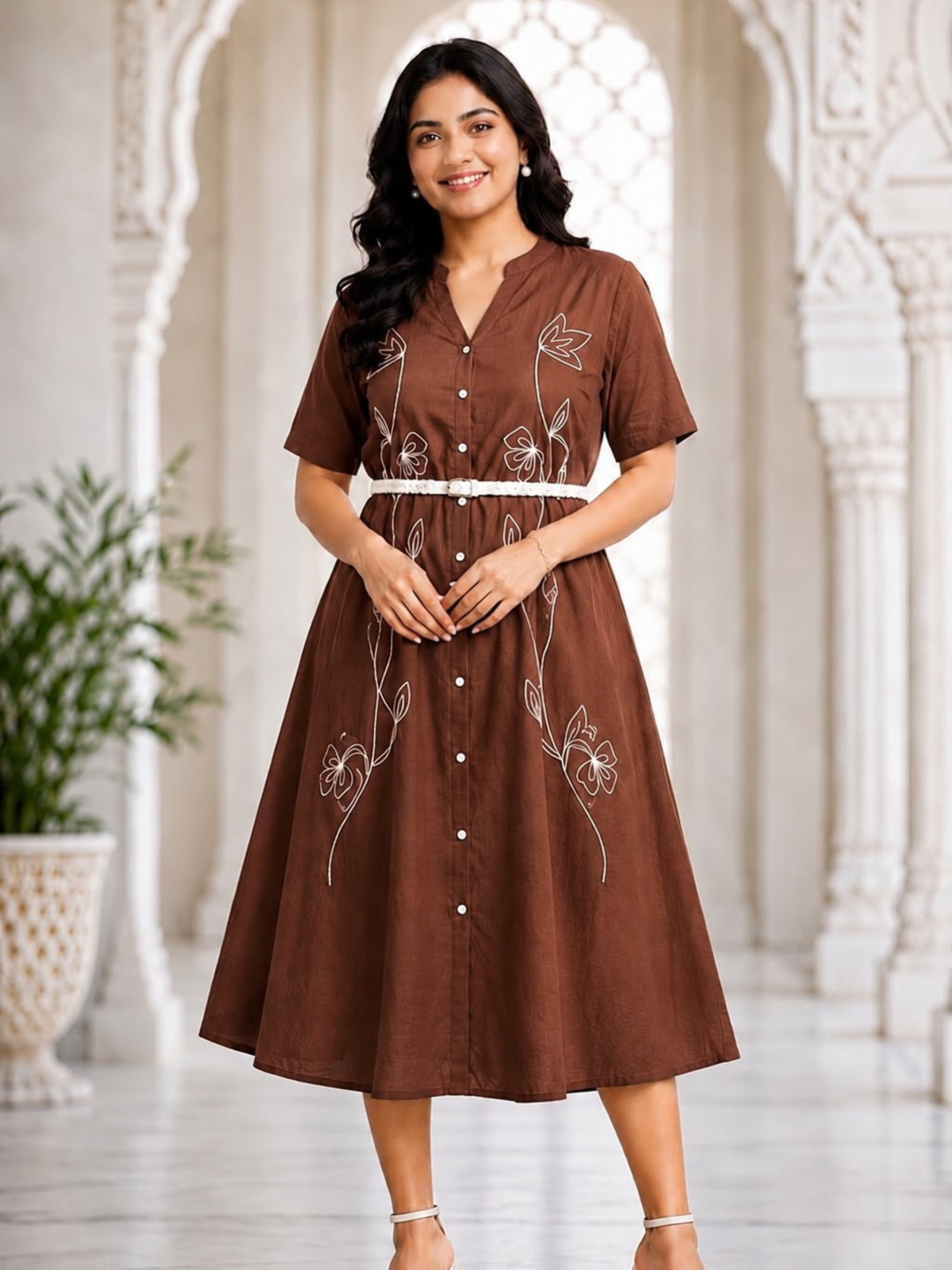 Women's Embroidered Shirt Midi Dress with Belt - Image 3