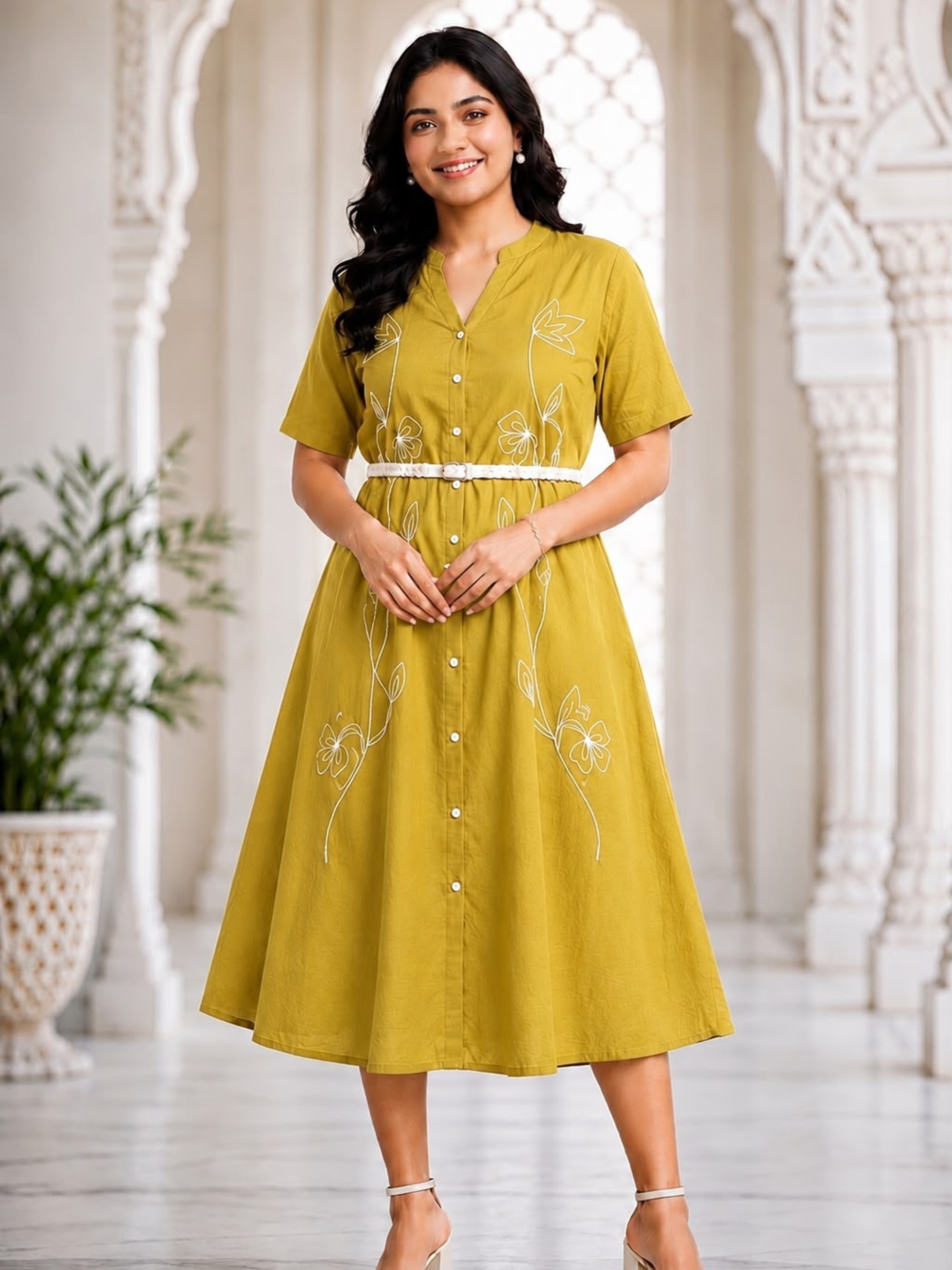 Women's Embroidered Shirt Midi Dress with Belt - Image 4