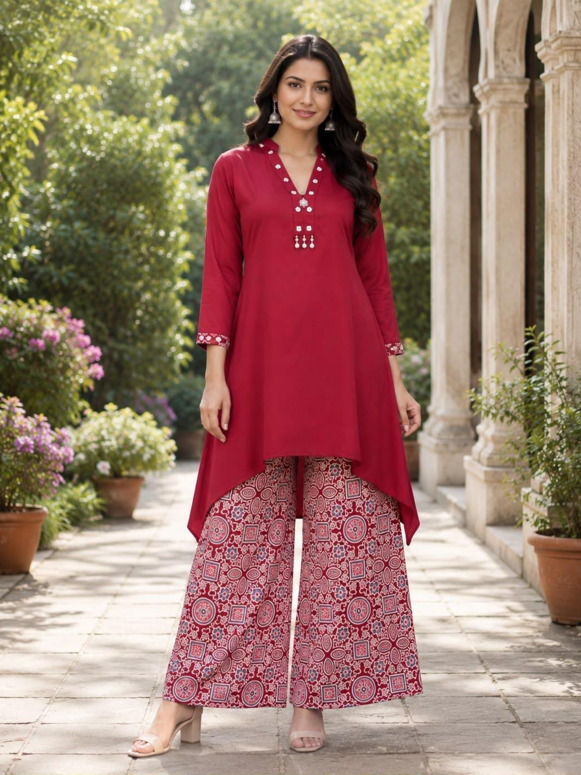 Siddhivinayak Women’s Premium A-Line Kurti with Printed Palazzo Set | 2-Piece Ethnic Wear | 3/4 Sleeves