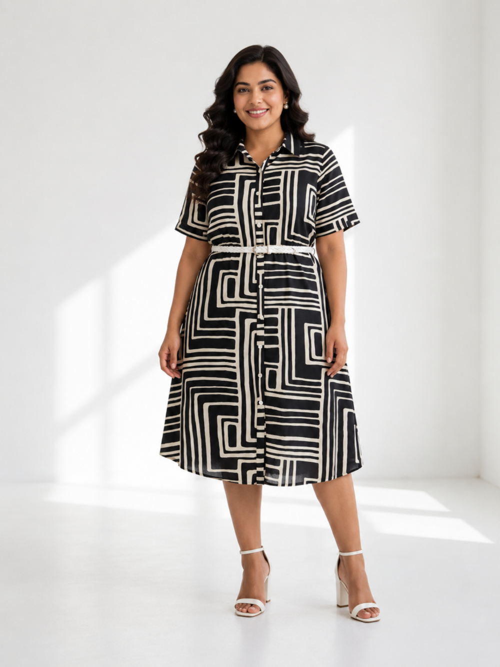 Women's Geometric Printed Shirt Midi Dress with Belt