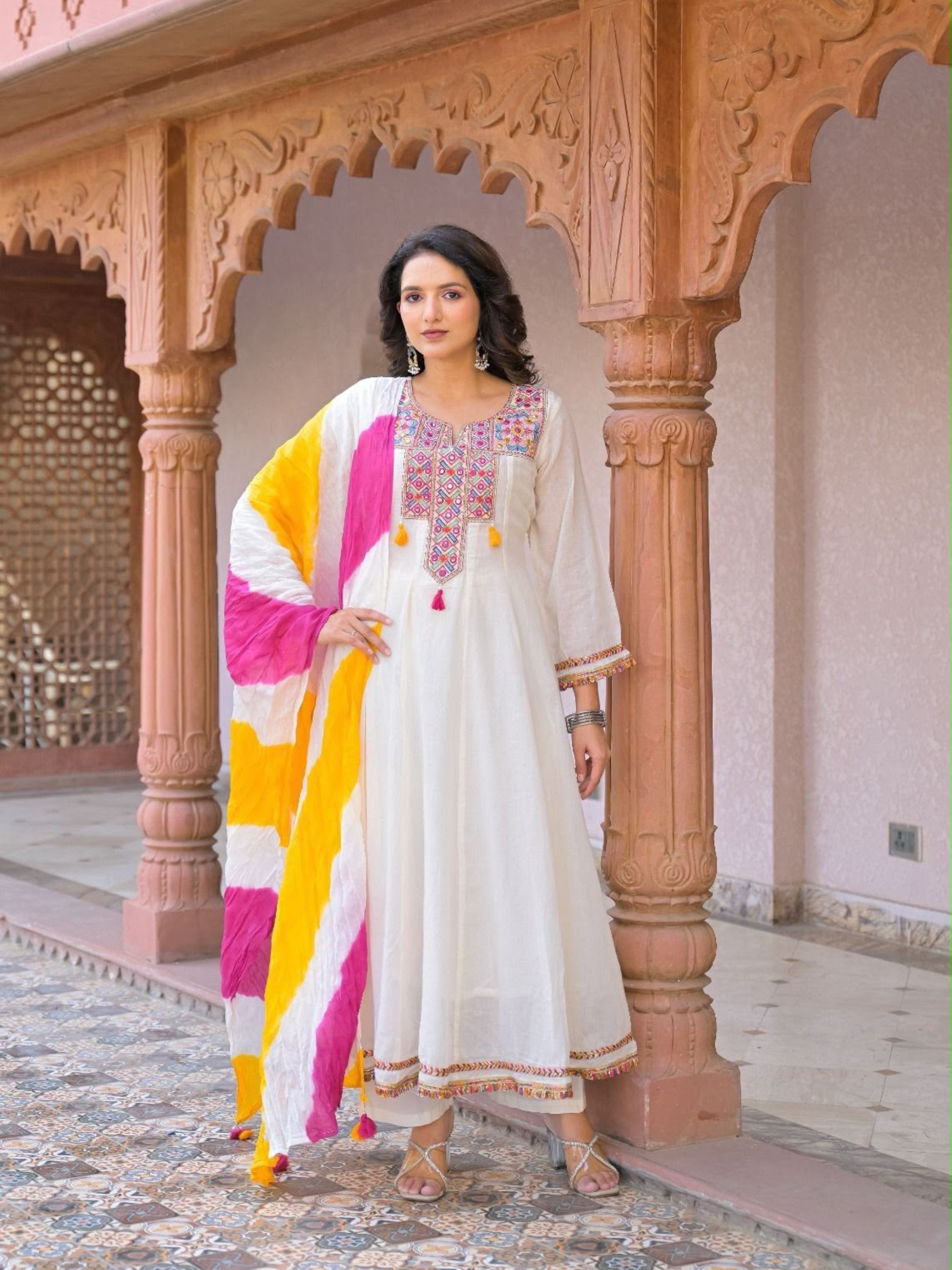 Siddhivinayak Premium White Cotton Anarkali Suit Set with Designer Leheriya Dupatta
