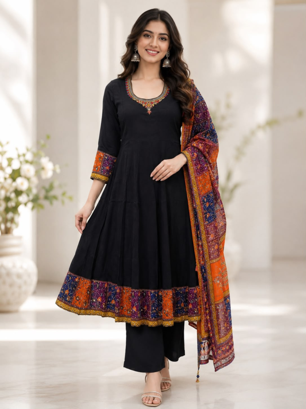Premium silk Anarkali 3-Piece Suit Set | Elegant Black Ethnic Wear