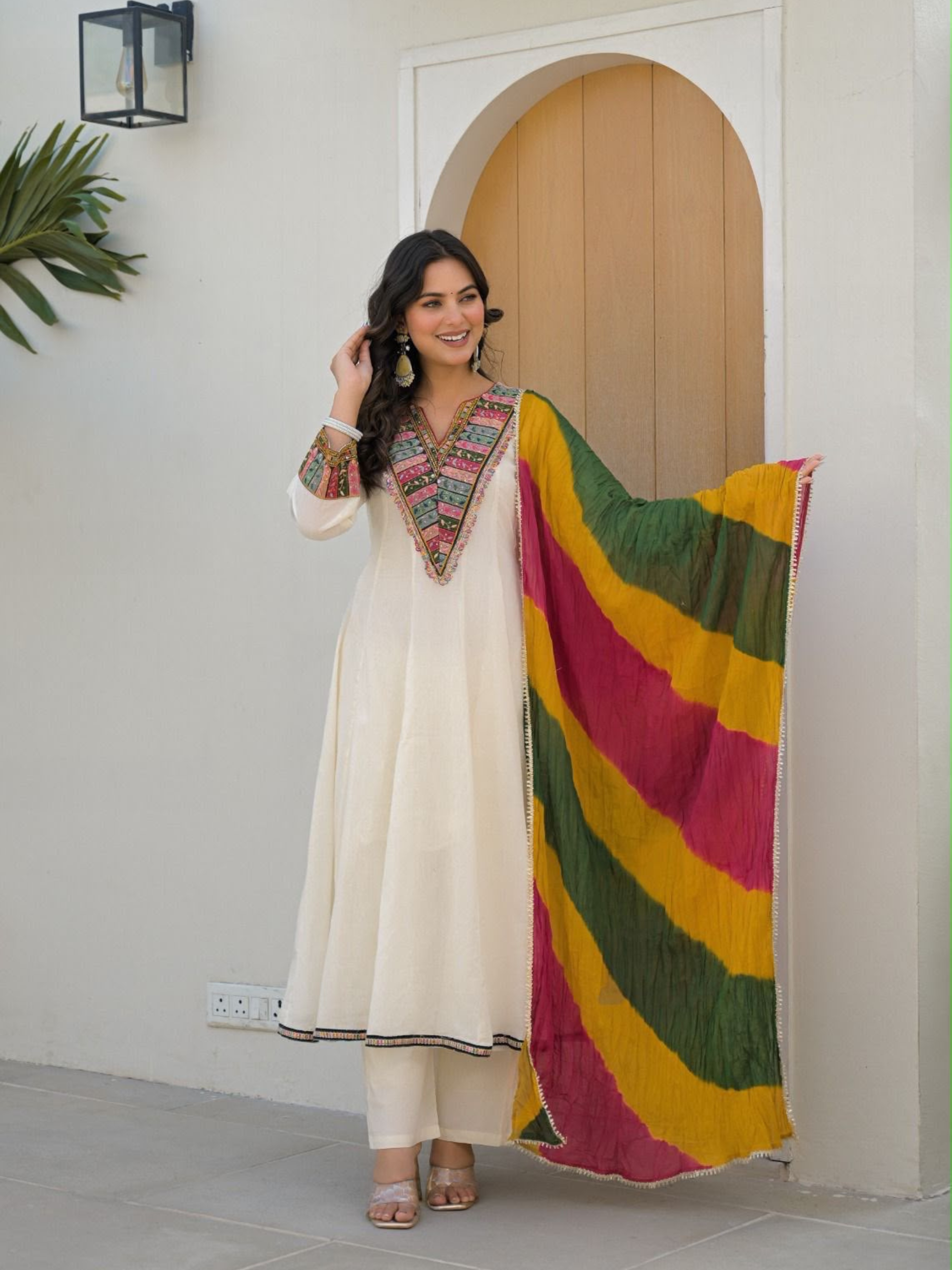 Siddhivinayak Premium White Cotton Anarkali Suit Set with Designer Leheriya Dupatta