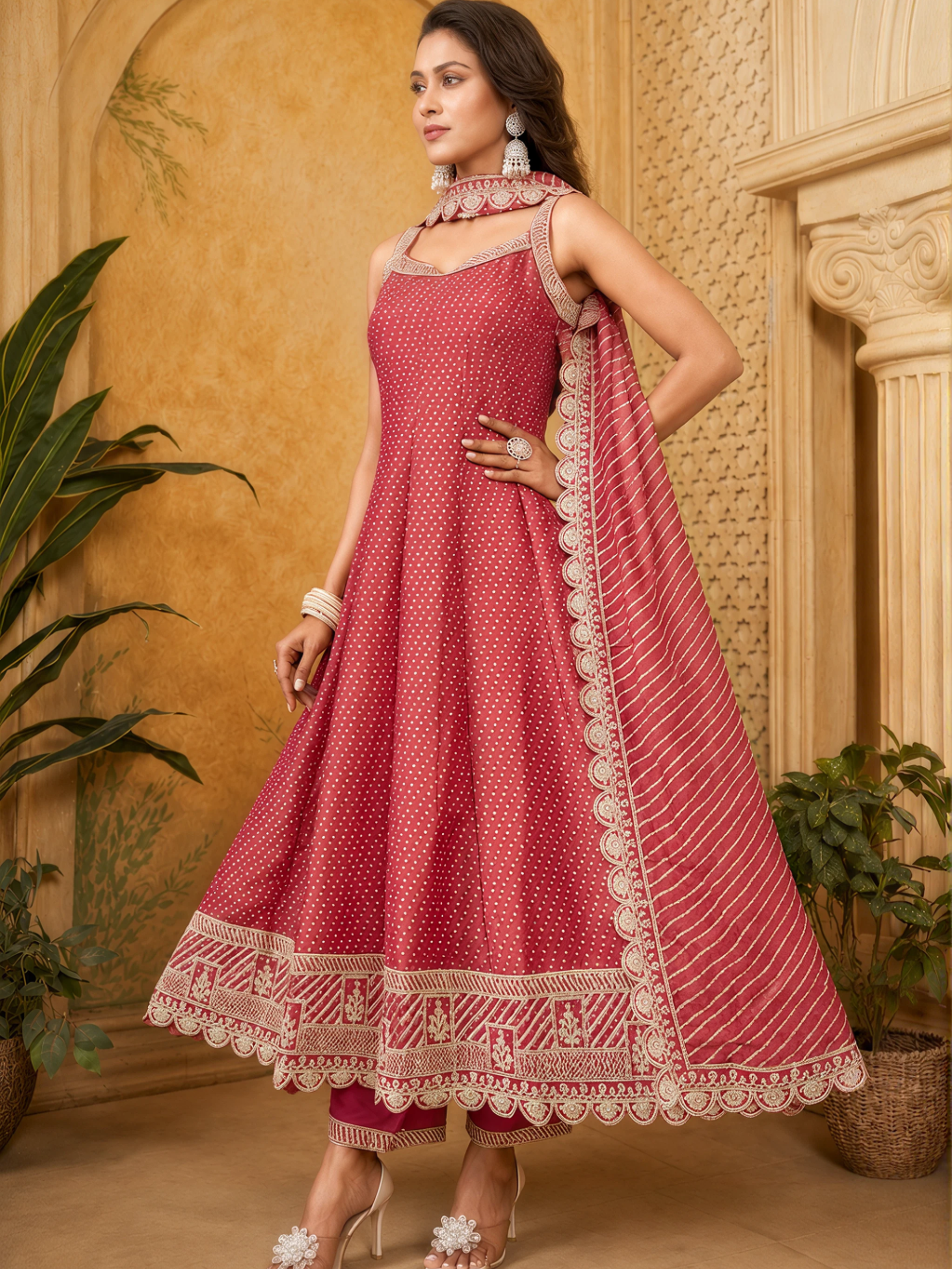 Rose Pink Embroidered Anarkali Suit Set with Designer Dupatta - Image 3
