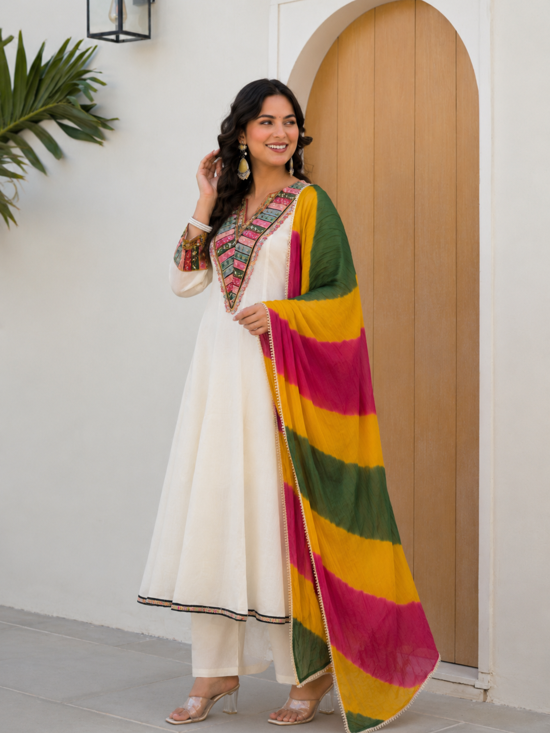 Siddhivinayak Premium White Cotton Anarkali Suit Set with Designer Leheriya Dupatta - Image 3