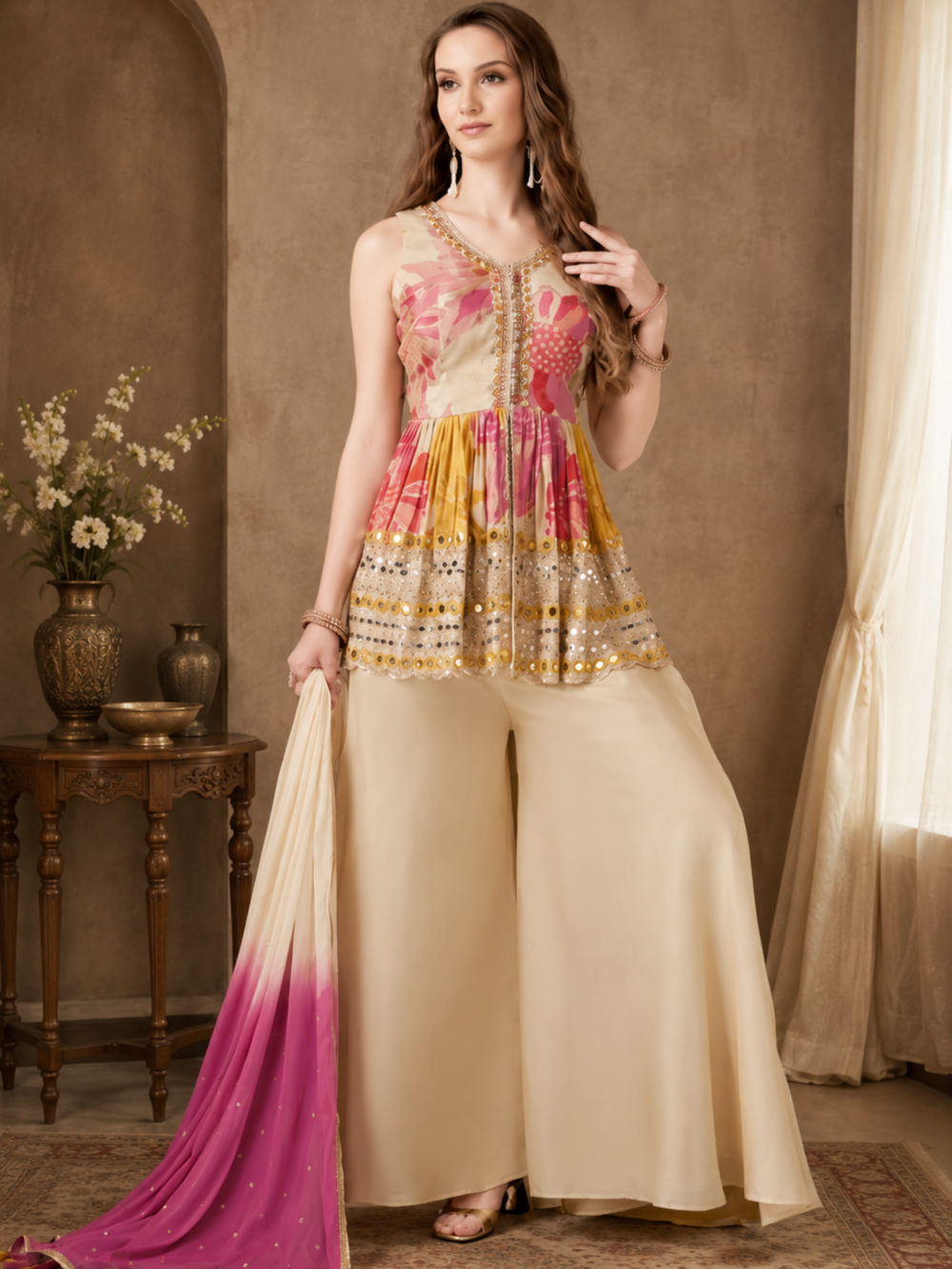 Women's Floral Embroidered Peplum Kurti with Sharara & Ombre Dupatta Set